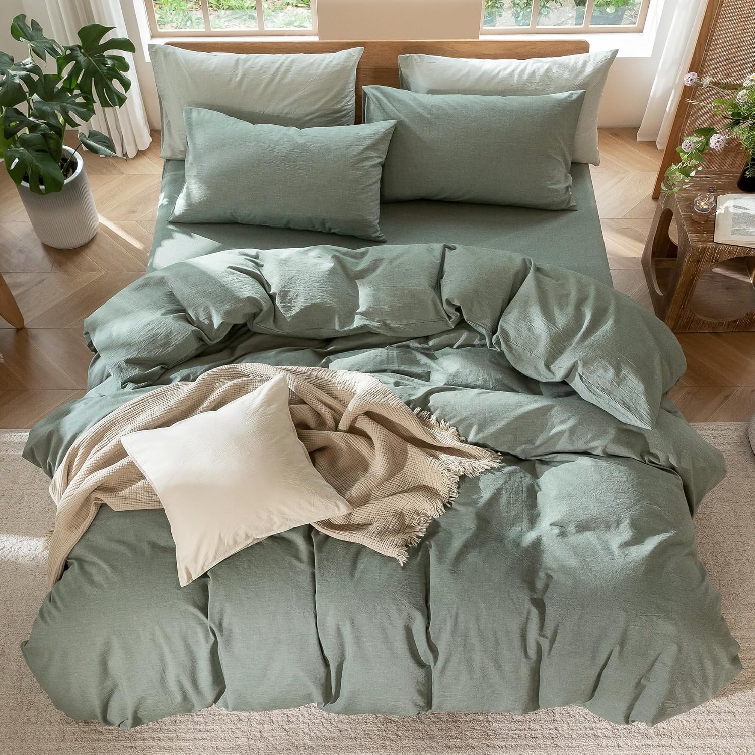 Thumbnail 4 de MooMee Bedding Duvet Cover Set: 100% Washed Cotton, Linen-Like Texture in Heathered Green (King, 104x90)