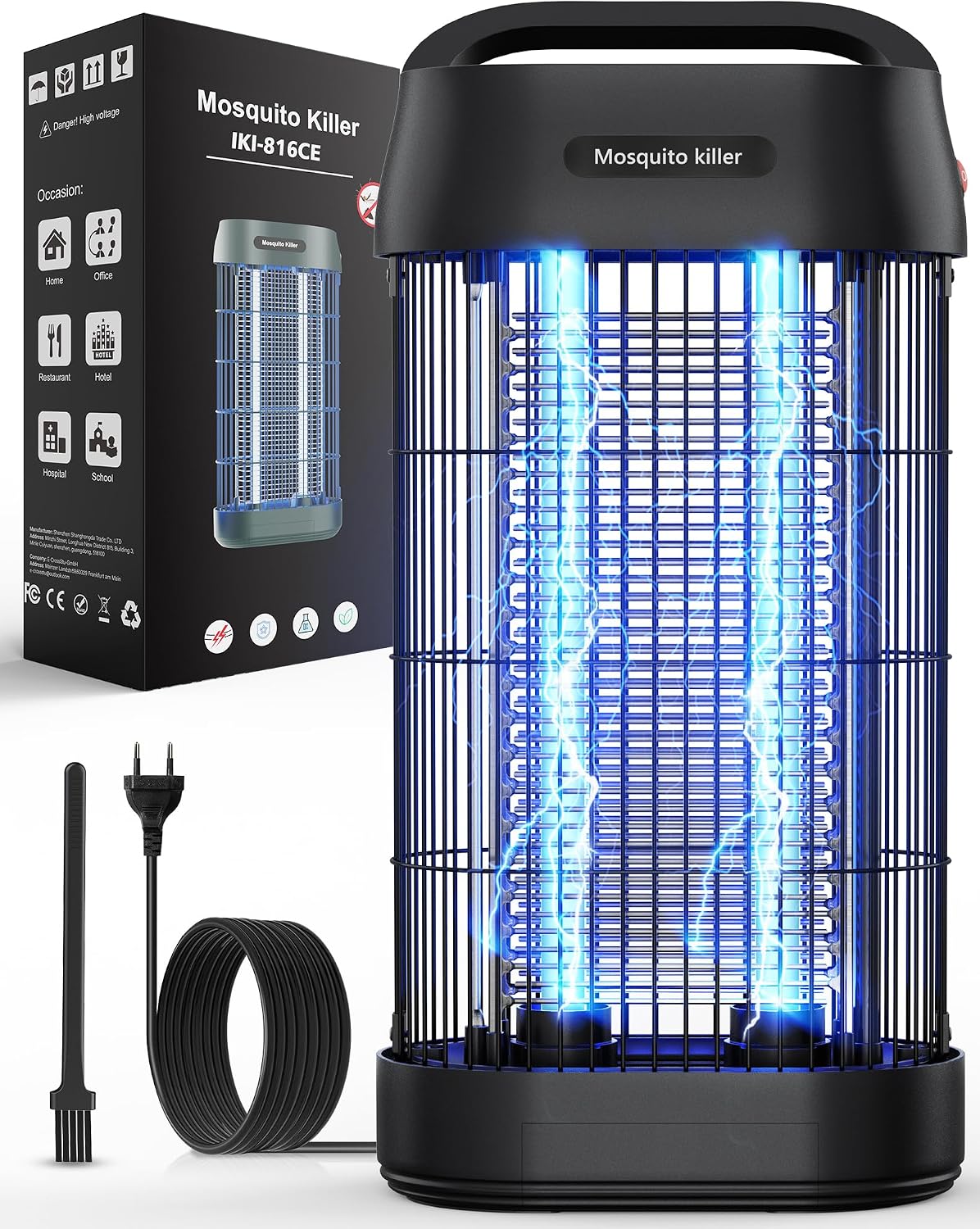 Zanzariera Elettrica 16W 3000V con Gancio Portatile, Lampada Antizanzare UV, Nero-02