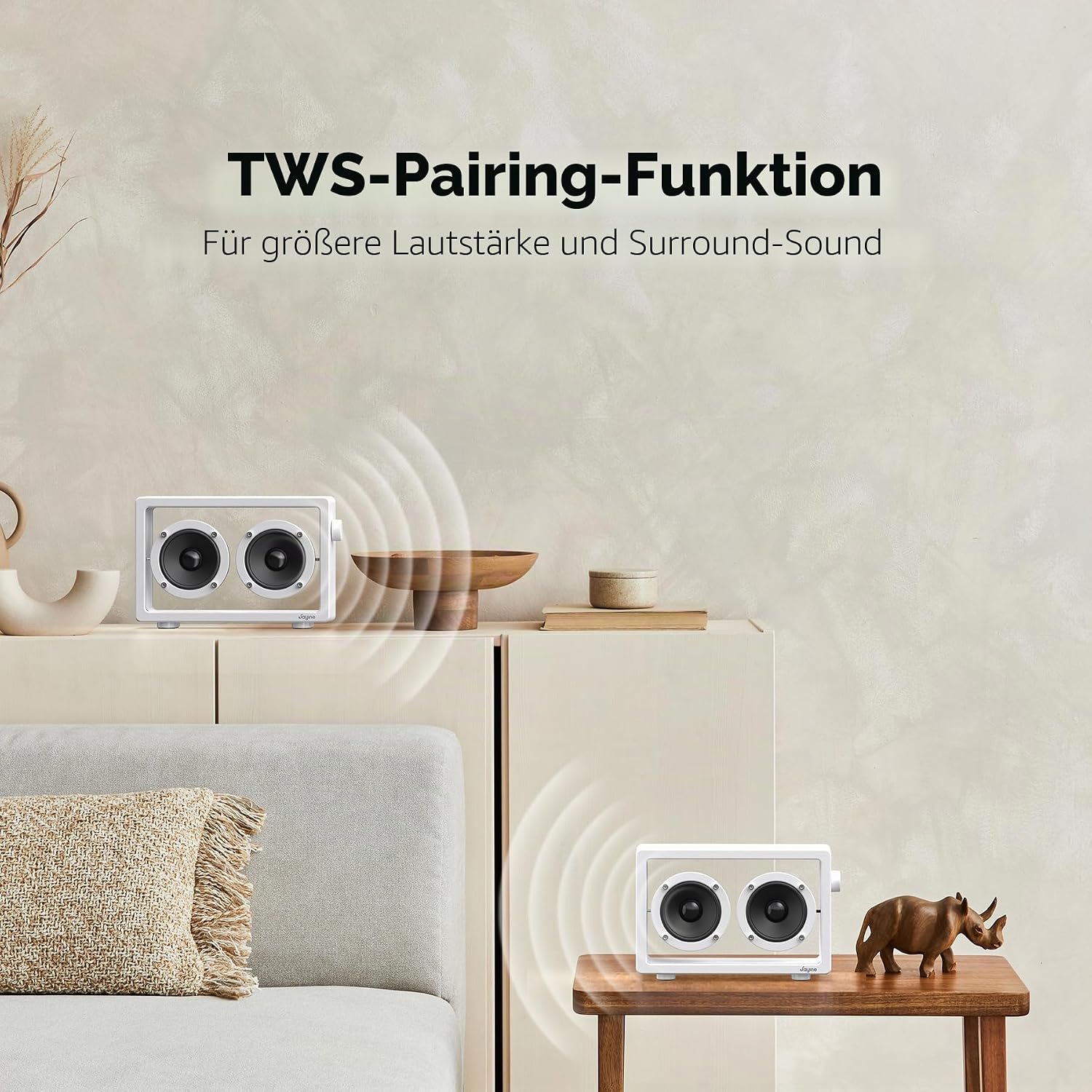 Detalle de JAYINE Tragbarer Bluetooth-Lautsprecher 16 W (Bluetooth 5.3, AUX 3,5 mm) – minimalistisch in Weiß
