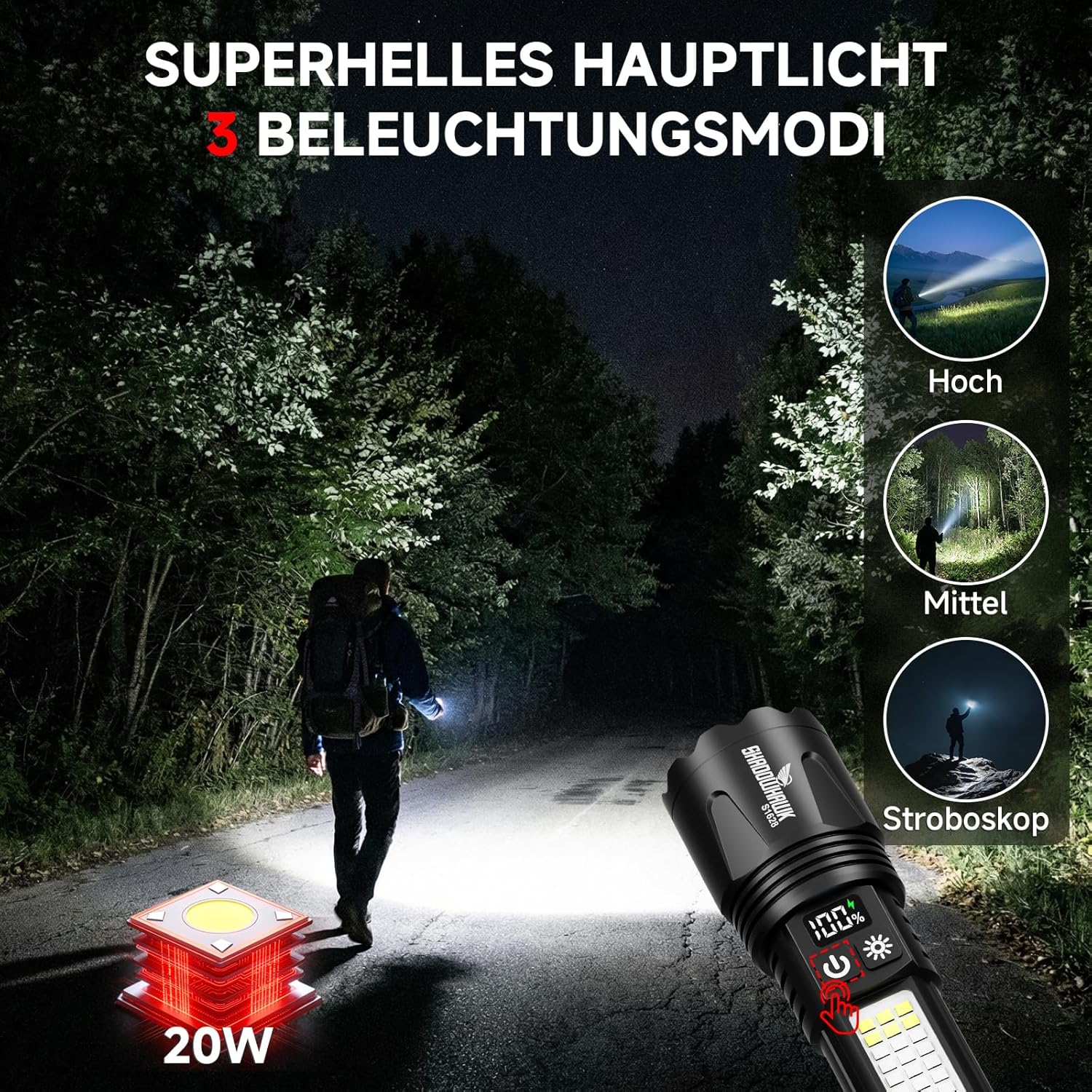 Thumbnail 1 de Shadowhawk 2er-Set Extrem Hell LED-Taschenlampen, USB-C+A aufladbar mit COB-Arbeitslicht, 7 Modi, N45 Magnet & LCD