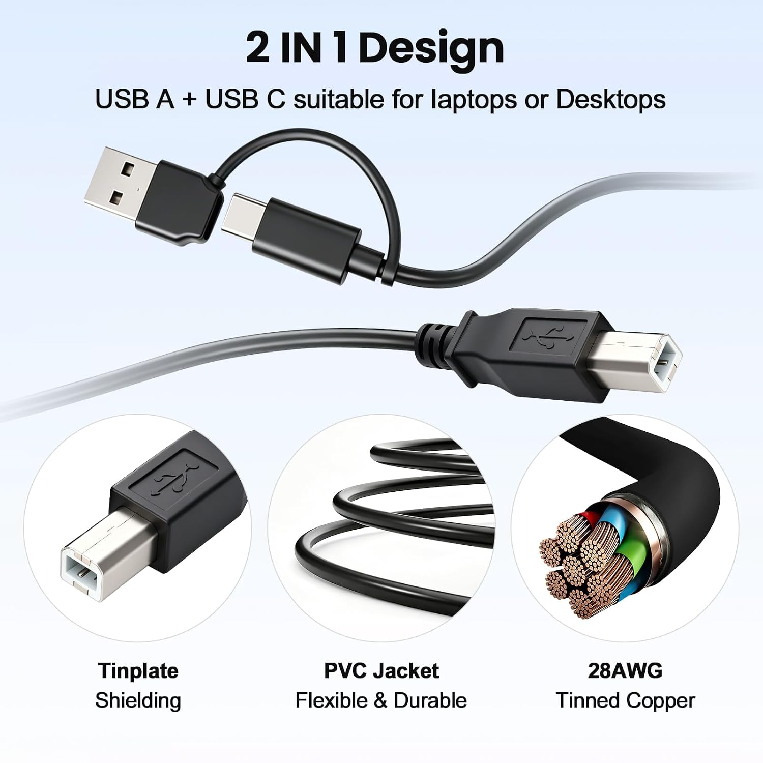 Thumbnail 6 de EGK 2 in 1 USB C to USB B Cable for Printer & External Drive, 6.5 ft