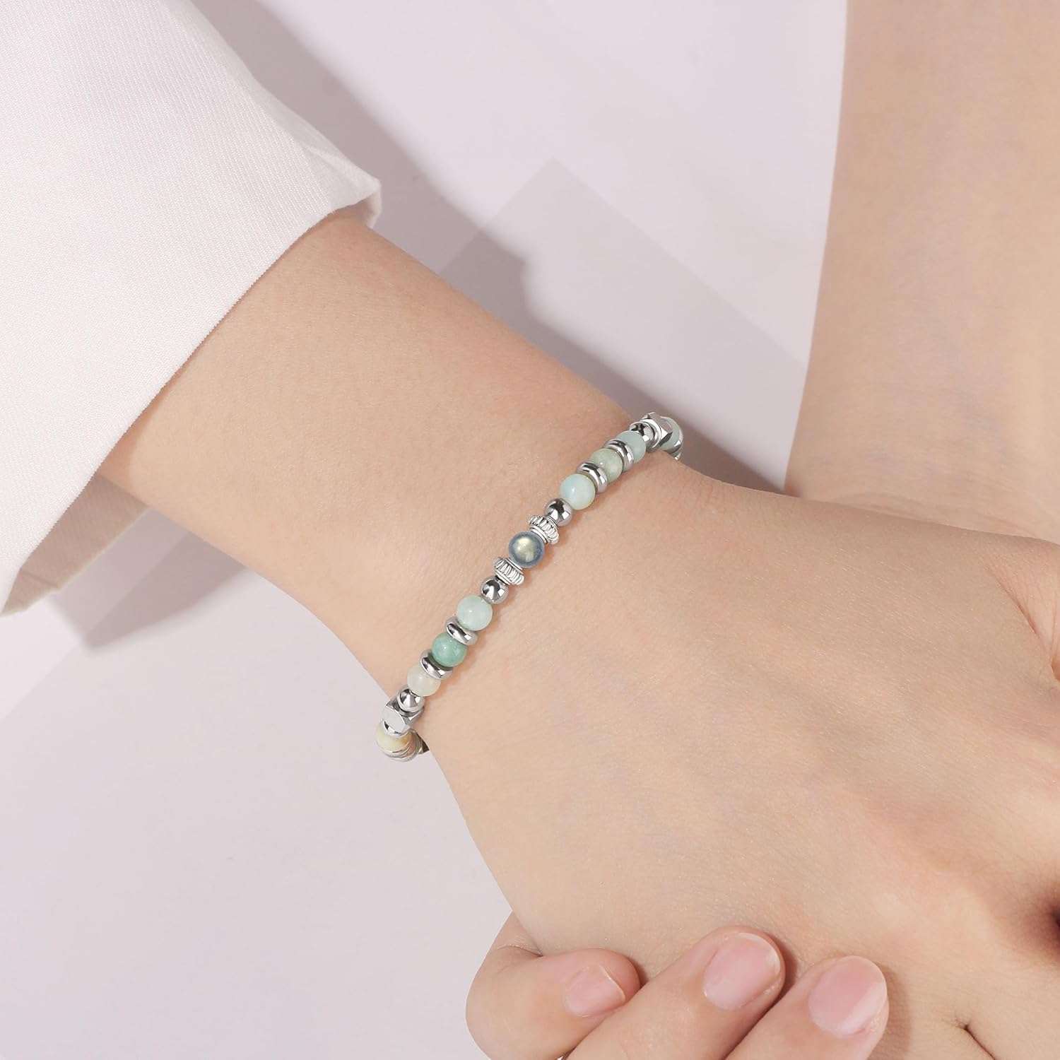 Thumbnail 6 de JoycuFF Gifts for Women Moonstone Bracelet with Amazonite Beads — 7.0" + 1.5" Extender, Hypoallergenic Stainless Steel, Delicate Box