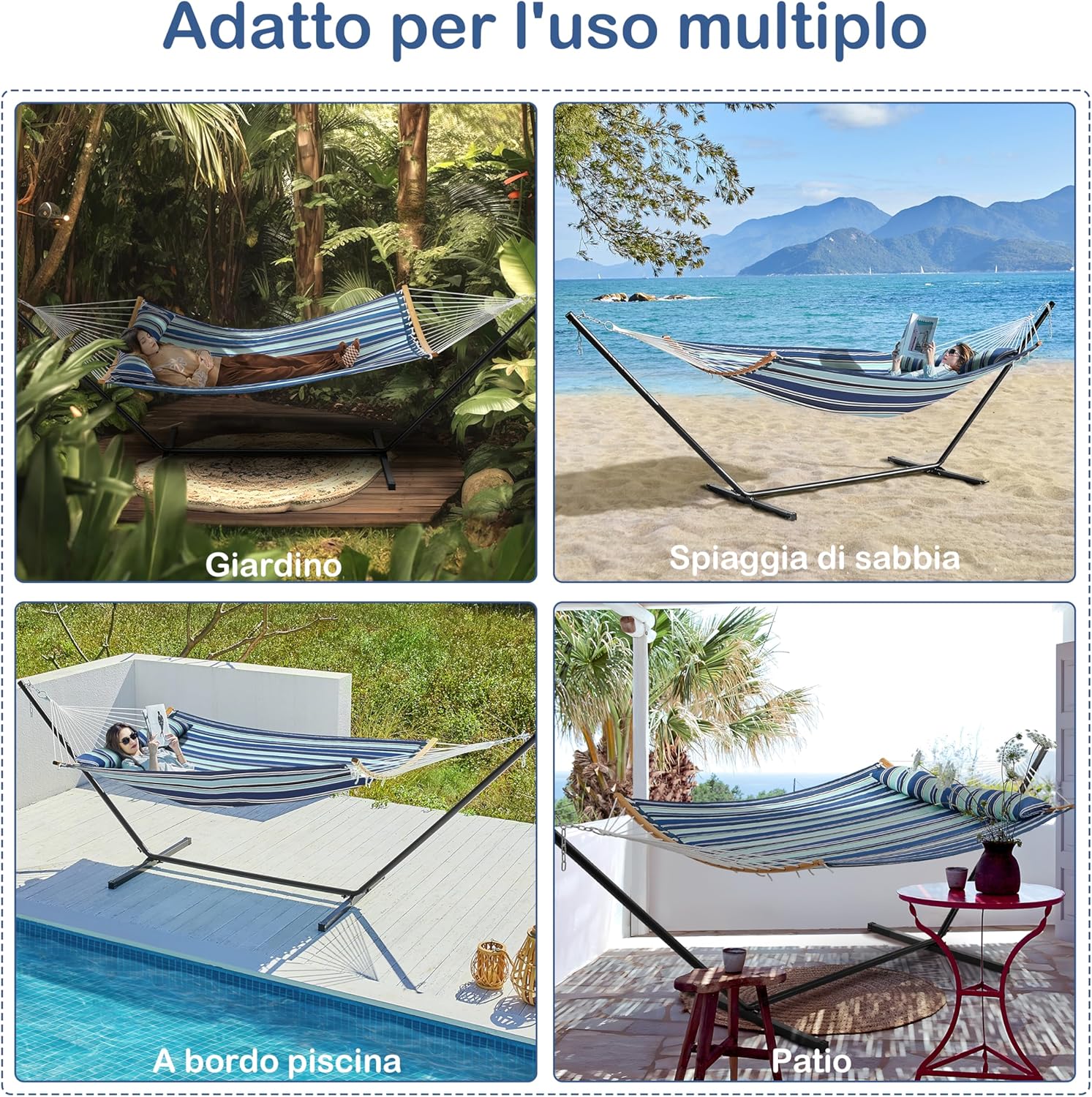 Thumbnail 1 de Yaheetech Amaca da Giardino Esterno Imbottita Doppia con Supporto in Acciaio – 2–3 Persone, Strisce Blu, Regolabile, Pieghevole
