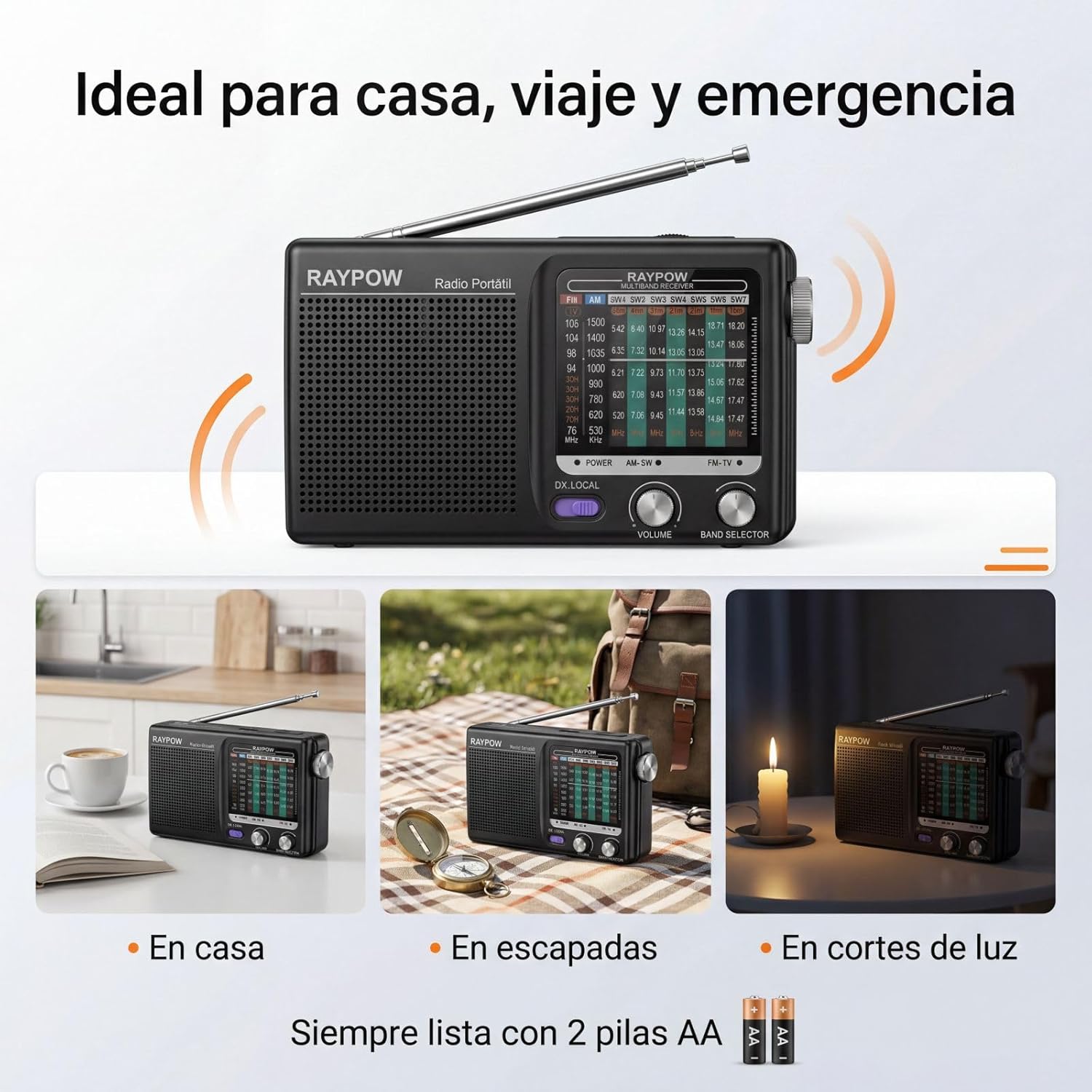 Thumbnail 4 de RAYPOW Raypow Radio Portatile a 9 bande FM/AM/SW1–SW7 con speaker e alimentazione a 2 batterie AA