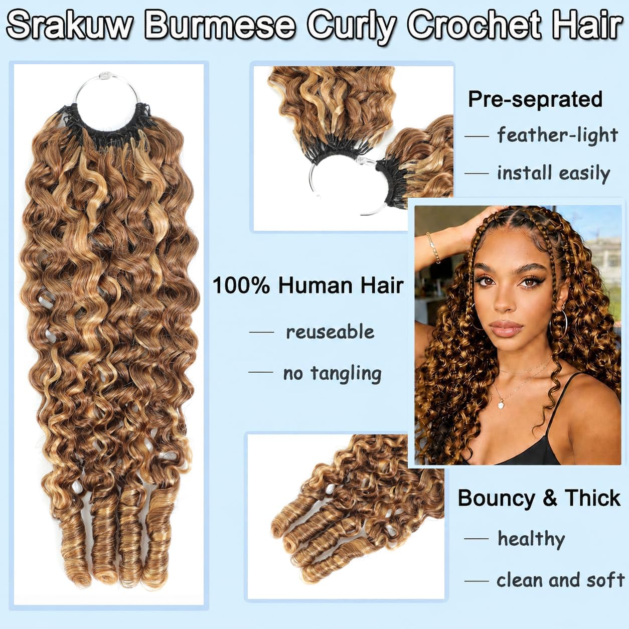 Thumbnail 1 de FALEMEI Burmese Curly Crochet Human Hair, 18-Inch, 60 g, #4/27