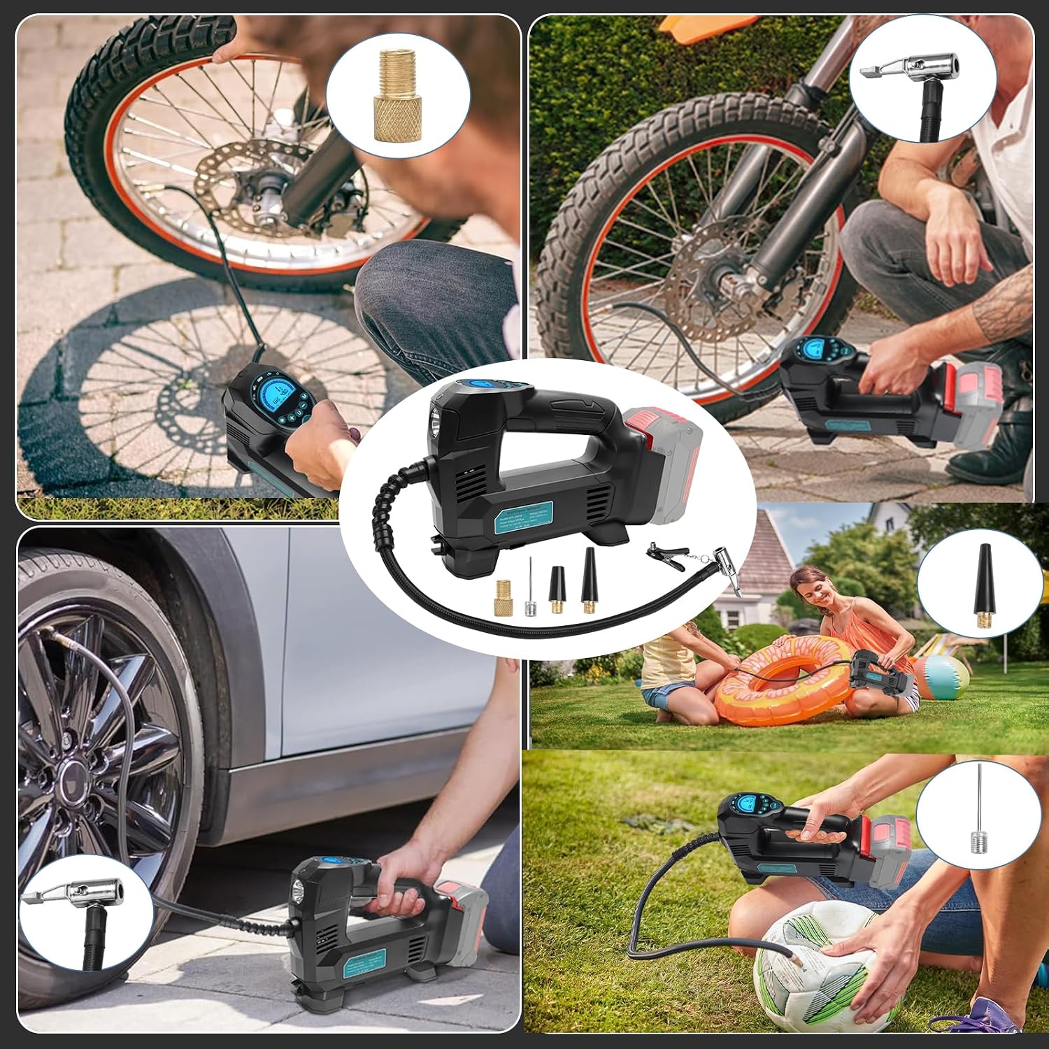 Detalle de Powarobor Akku-Luftpumpe kompatibel mit Bosch 18V GBA – 10,3 bar Kompressor, LED, Auto-Stopp, inkl. Düsen
