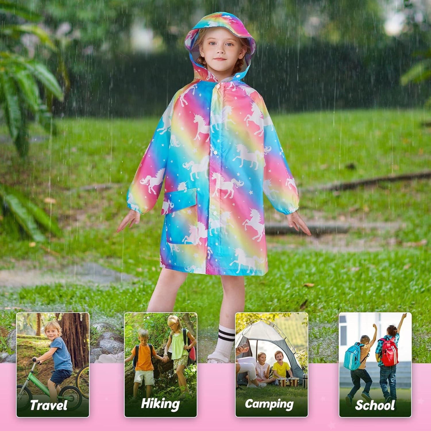 Detalle 2 de WAWSAM Kids Rain Poncho: Lightweight, Waterproof Rainbow Unicorn Poncho for Outdoors