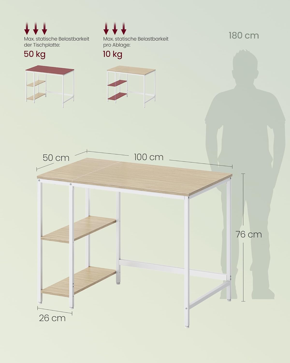 Thumbnail 2 de VASAGLE Computertisch LWD046L01 – 100 × 50 cm, naturbeige/perlweiß, stabiler Bürotisch