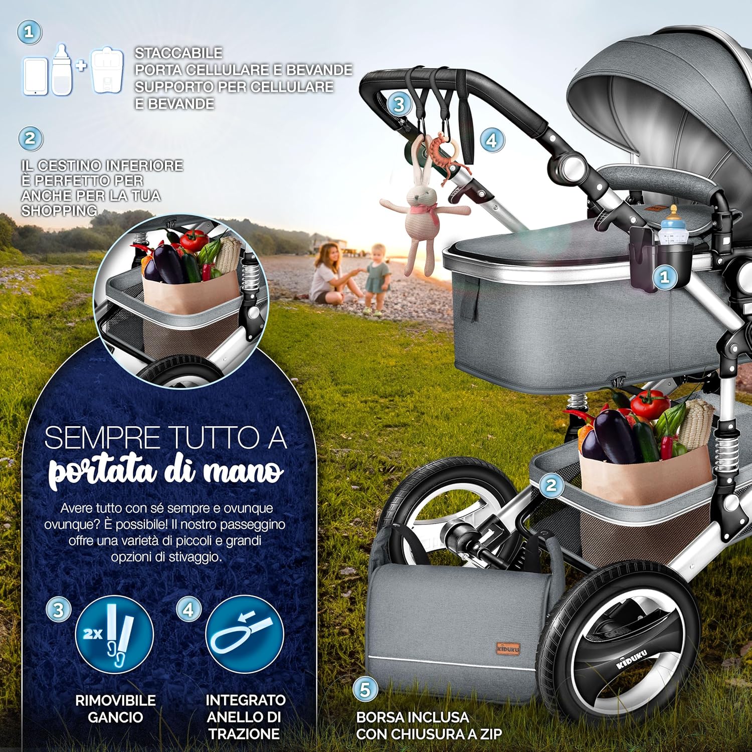 Thumbnail 6 de KIDUKU 3 in 1 Passeggino Completo Trio con navicella, seggiolino auto e accessori (sistema combinato)