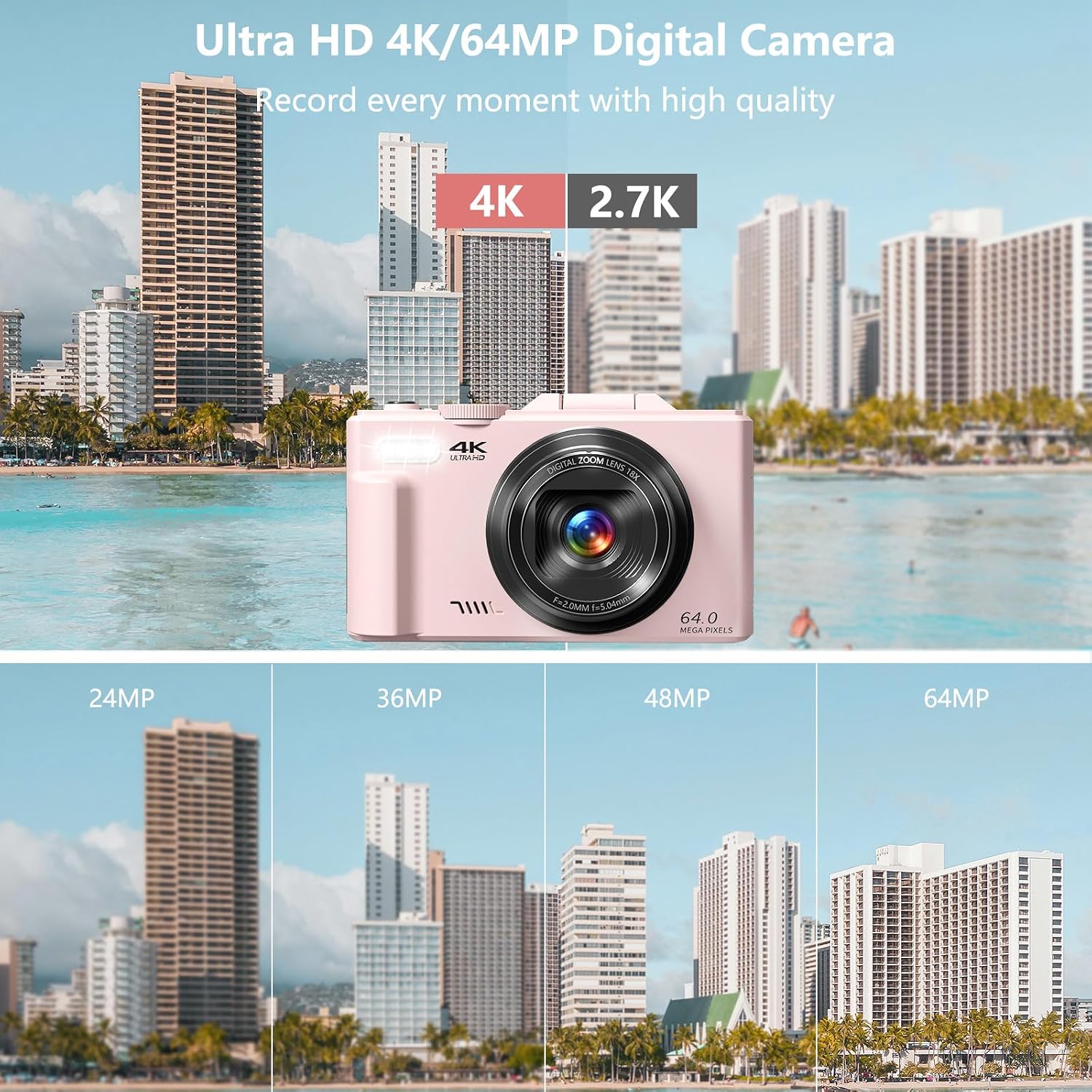 Detalle 2 de Gavonde W08 4K Vlogging Camera, 64MP, 180° Flip Screen, 18X Digital Zoom