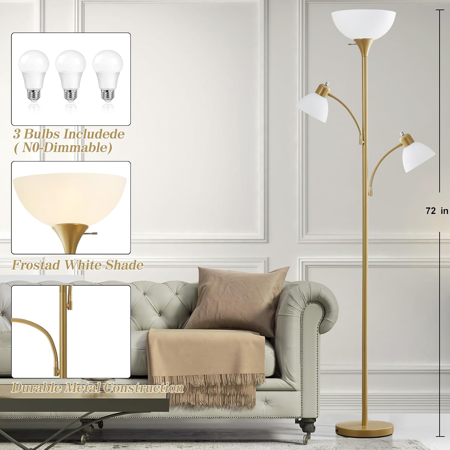 Detalle de Luvkczc F00053 Torchiere Floor Lamp with Two Reading Lights, 3 LED Bulbs