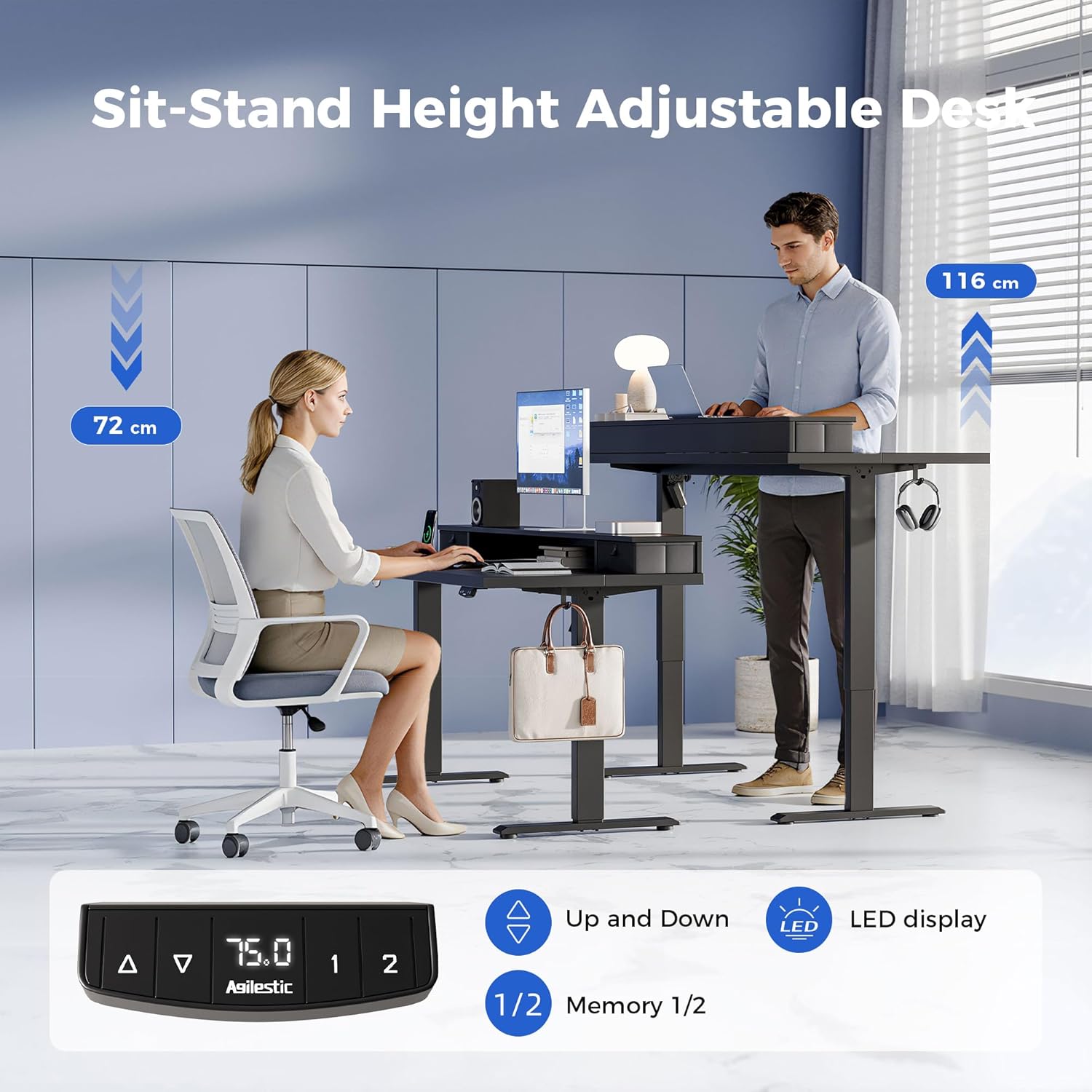 Thumbnail 2 de Agilestic Height Adjustable Desk with Two Drawers (140 x 60 cm) – Sit-Stand Electric Desk with Memory, Black