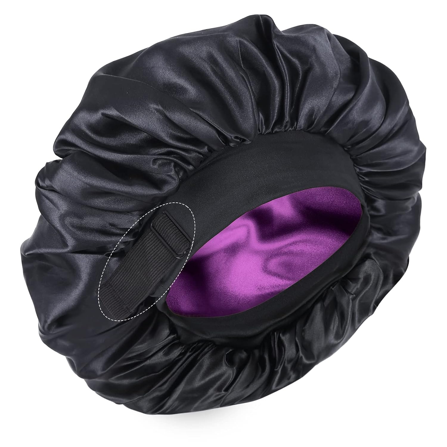 Detalle de XRACEPHOL Double-Layer Satin Sleep Bonnet, Adjustable and Reversible, Black and Purple