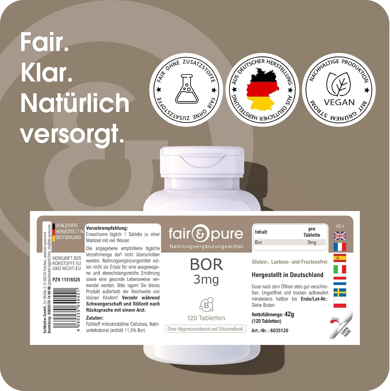 Detalle 2 de Fair & Pure Bor Tabletten 3 mg – Natriumtetraborat, 120 Stück, schluckfreundlich