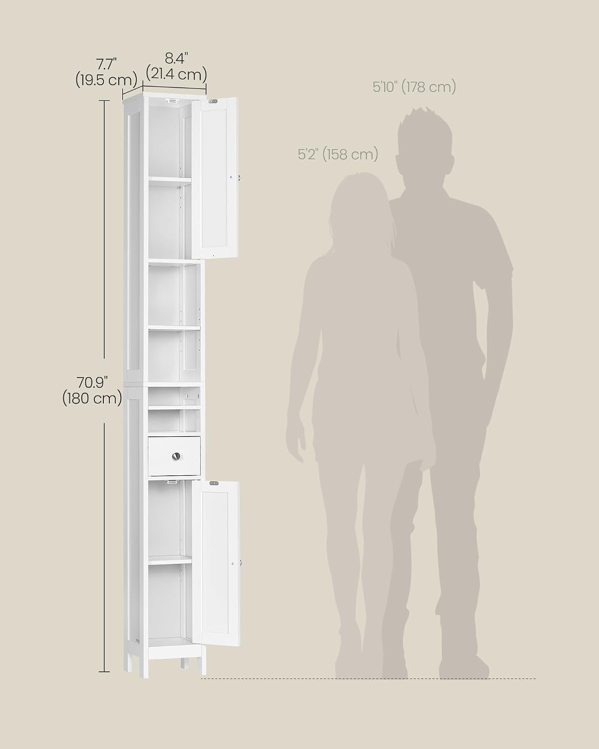 Detalle de VASAGLE SIREN Collection BBC765W01 Slim Bathroom Cabinet, Adjustable Shelves, Cloud White
