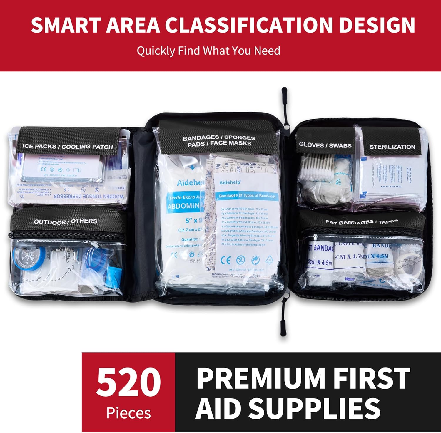 Detalle de 520 Pieces Premium First Aid Kit — Large Emergency Medical Kit for Car, Home, Travel, and Outdoor Adventures