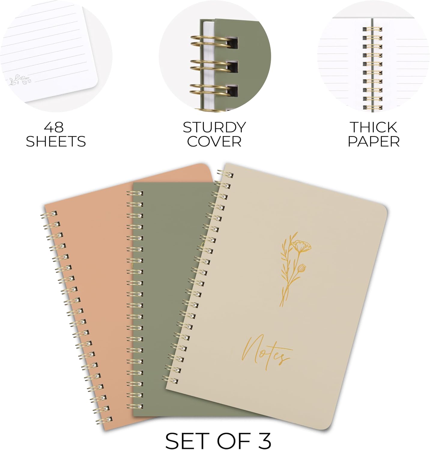 Detalle 1 de ZICOTO 7 x 5 College-Ruled Spiral Notebook Set of 3, Sage, Pink & Beige