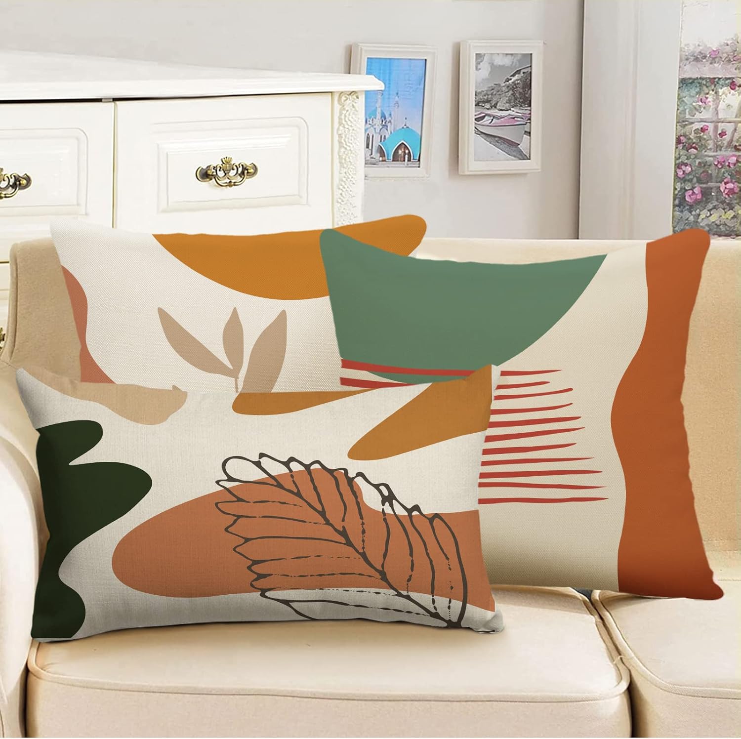 Thumbnail 2 de Lot de 4 housses de coussin ZWJD 30x50 à motif géométrique, en lin coton