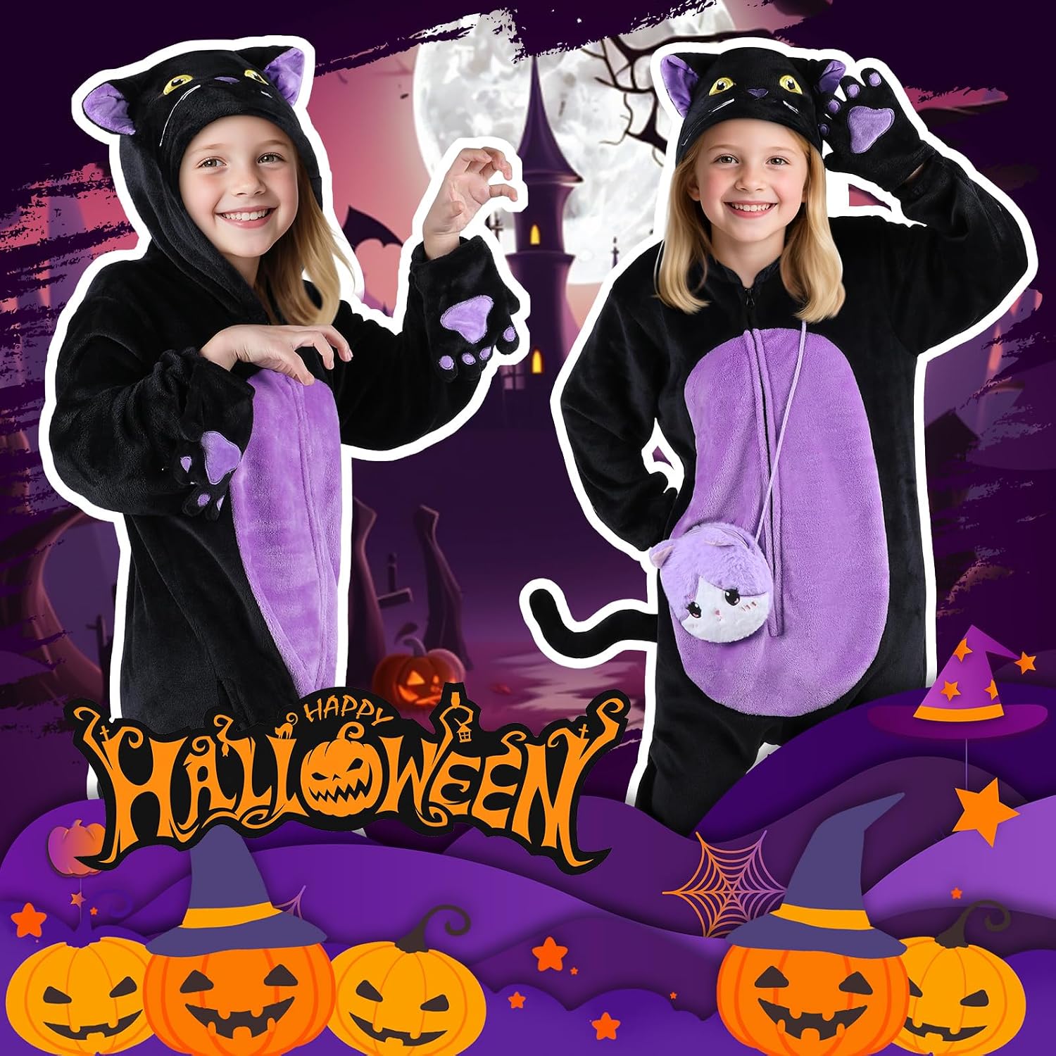 Thumbnail 6 de Joycover Black Cat Costume for Girls, Purple Onesie with Hood, Tail and Candy Bag