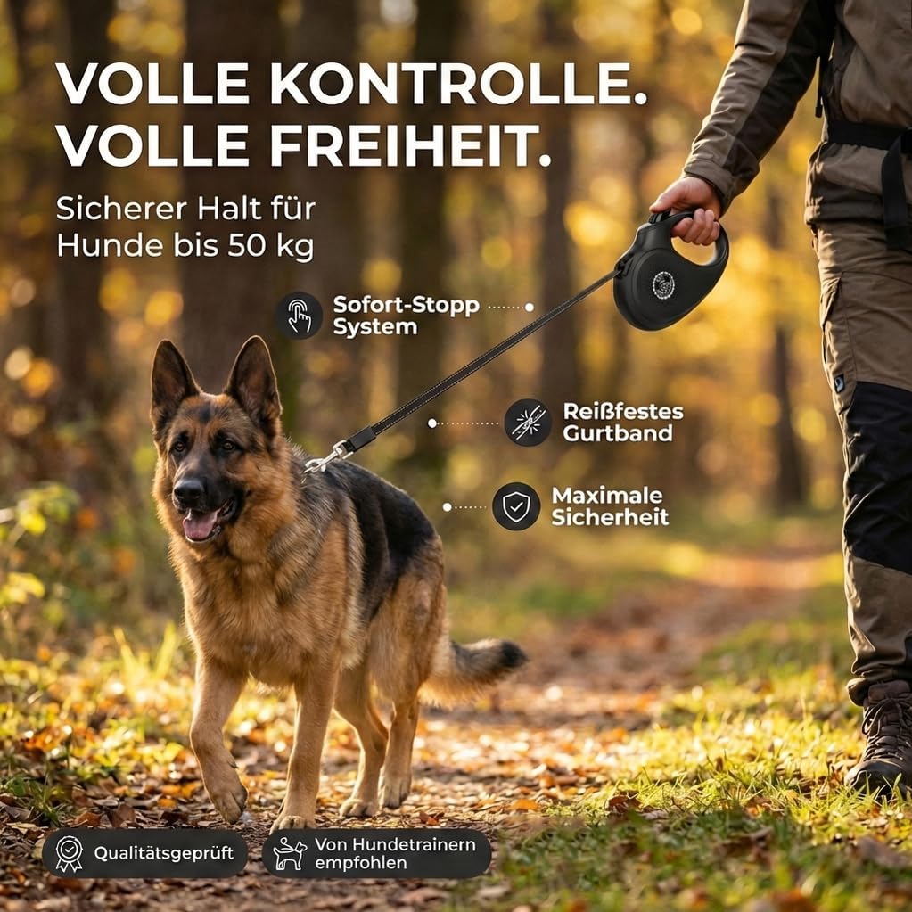 Detalle de HUND IST KÖNIG Rollleine Hundeleine (ausziehbar, mit Brems-Stopp): 8 m für kleine & große Hunde bis 50 kg