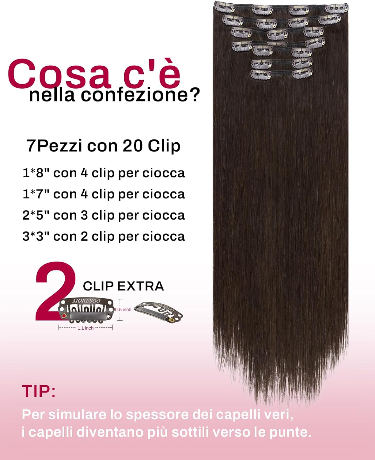 Detalle de Moresoo Extension Capelli Veri Clip 150g Cioccolato Marrone #4 55 cm – 7pz