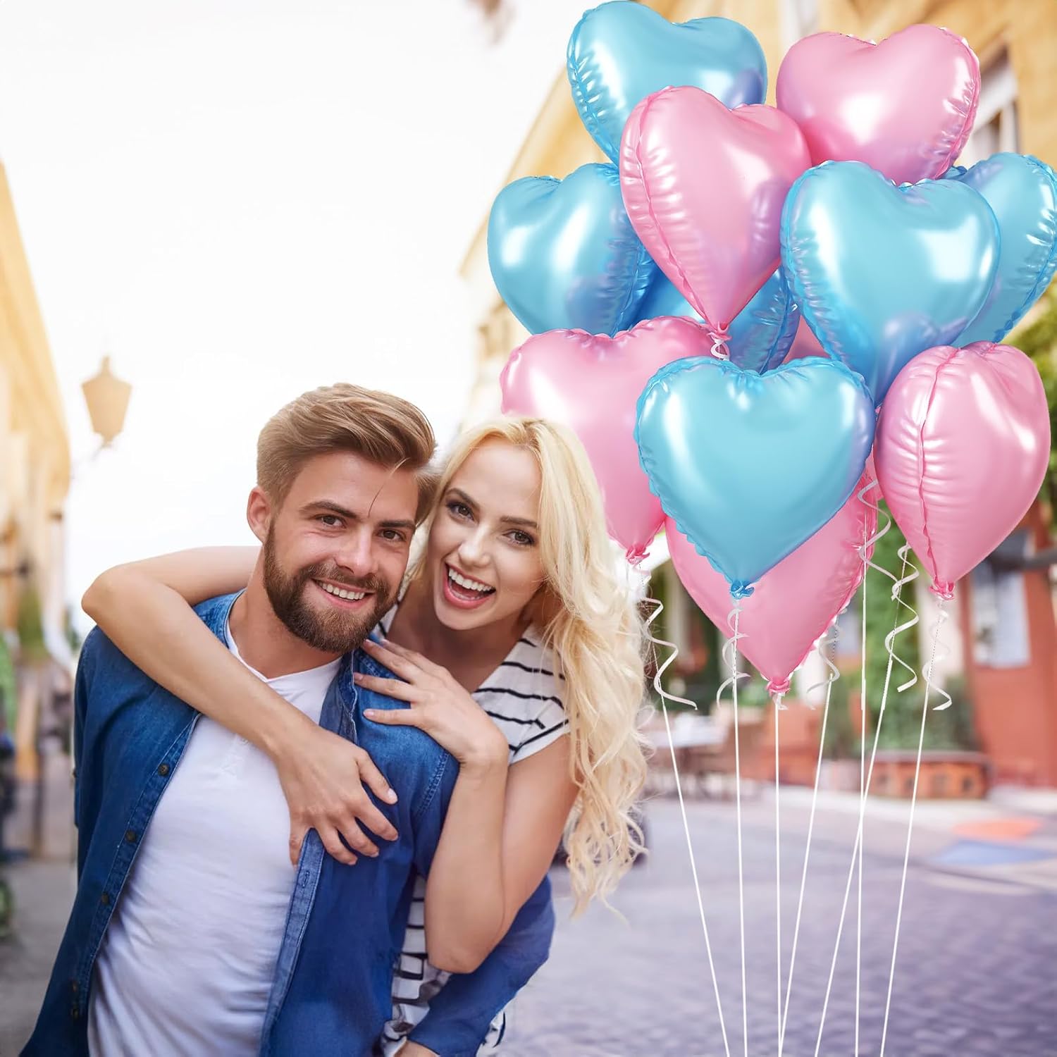 Thumbnail 3 de Pink Blue Heart Balloons, 18 Inch Foil Heart Balloons — 10-Pack Set (5 Pink, 5 Blue) with Ribbon