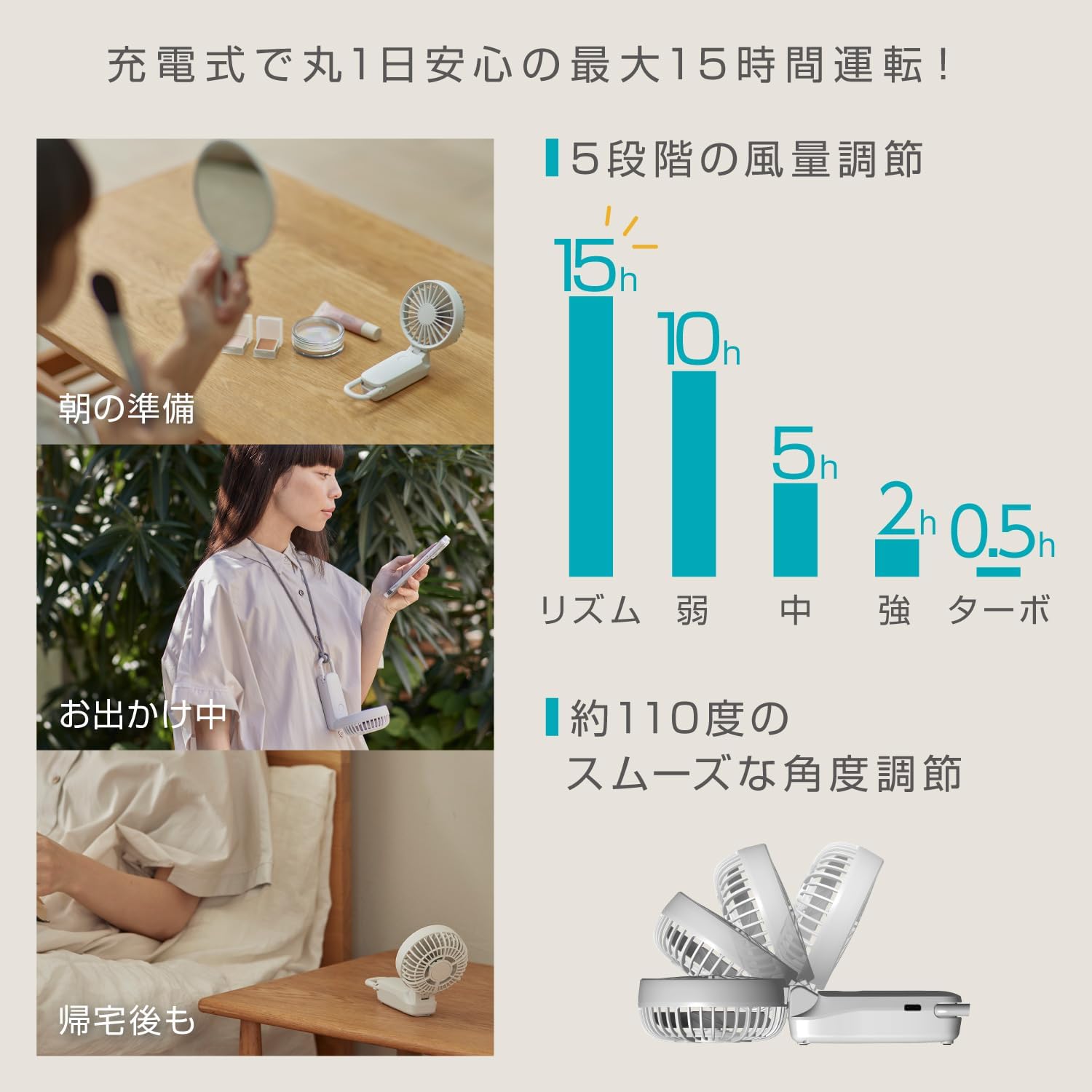 Detalle de リズム Silky Wind Mobile 3.2 9ZFA41EZ12 ハンディファン 5段階風量・3WAY・パープル