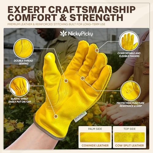Detalle de NickyPicky Gardening Gloves for Men and Women – Thorn-Proof Leather Gloves with Excellent Dexterity