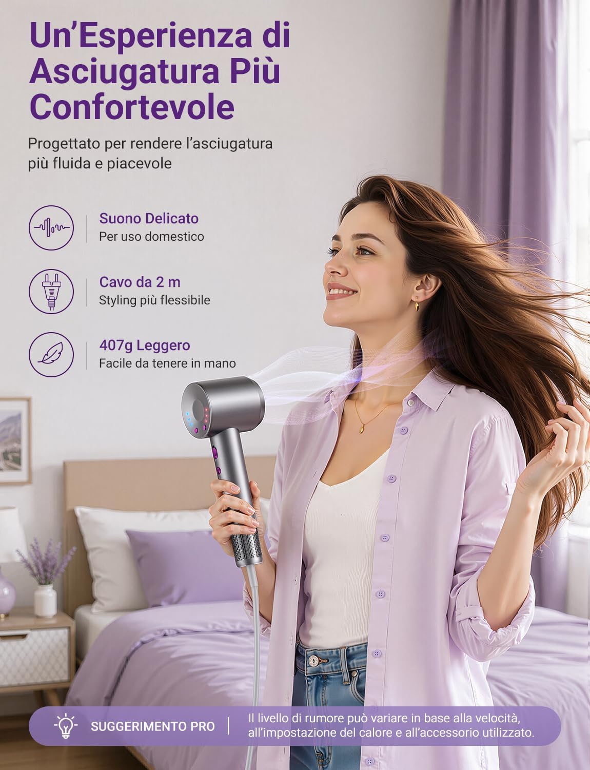 Thumbnail 6 de LORVENA Asciugacapelli Ionico ad Alta Velocità 1600W con Diffusore – 12 Modalità, Diffusore e concentratore
