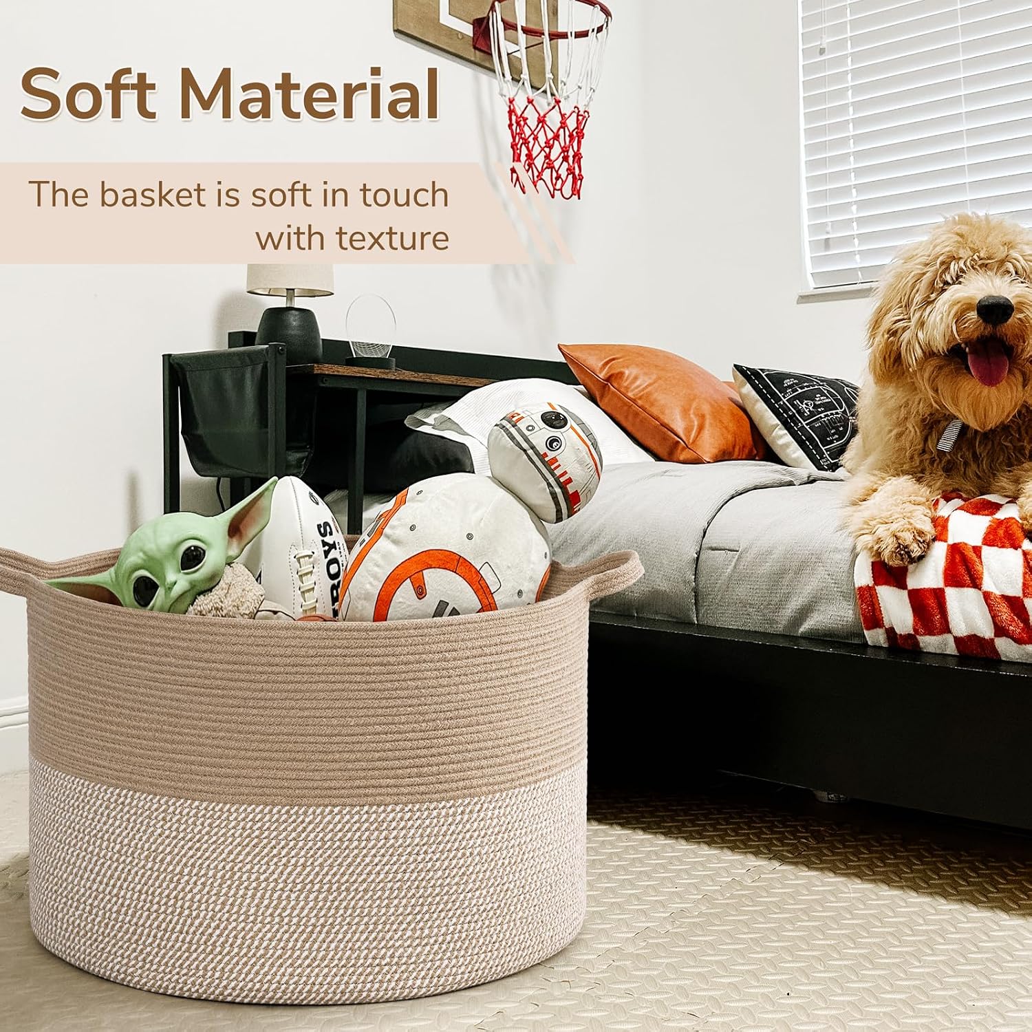 Thumbnail 5 de INDRESSME 115L Extra-Large Woven Storage Basket, White & Jute, Collapsible