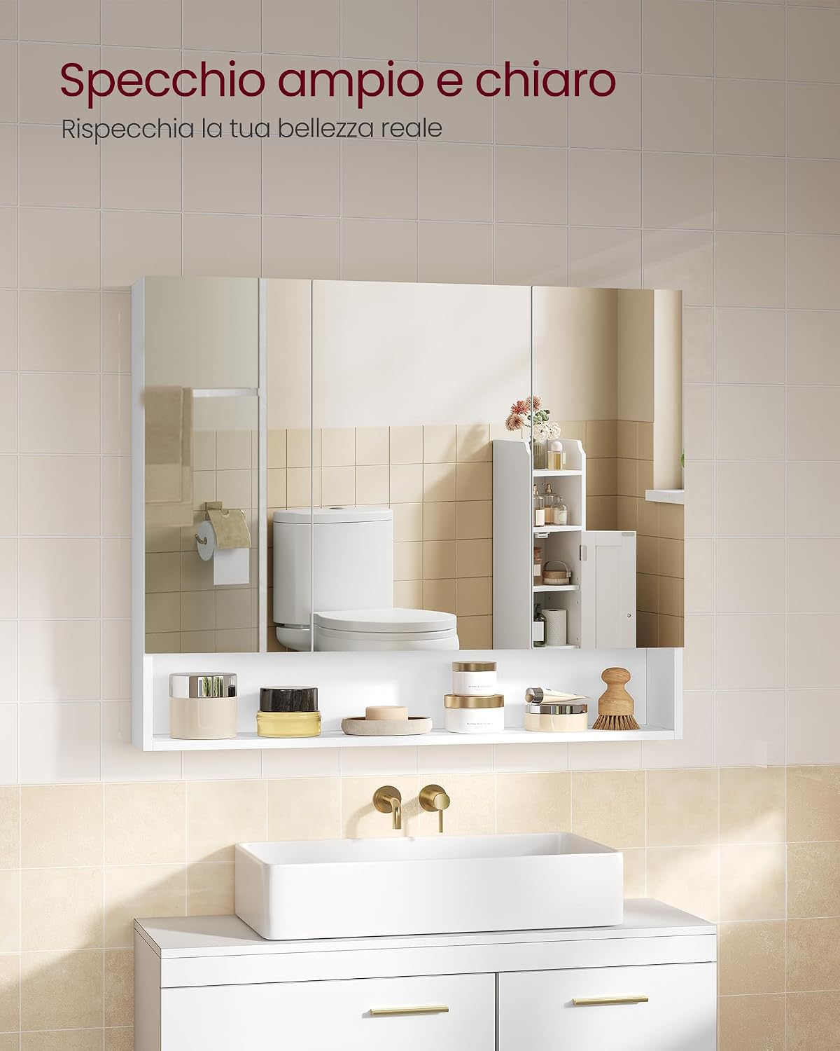 Detalle de VASAGLE Kailyn Collezione - Armadietto Bagno da Parete con Specchio, 16,5 x 90 x 75 cm, Bianco Nuvola BBK130W01