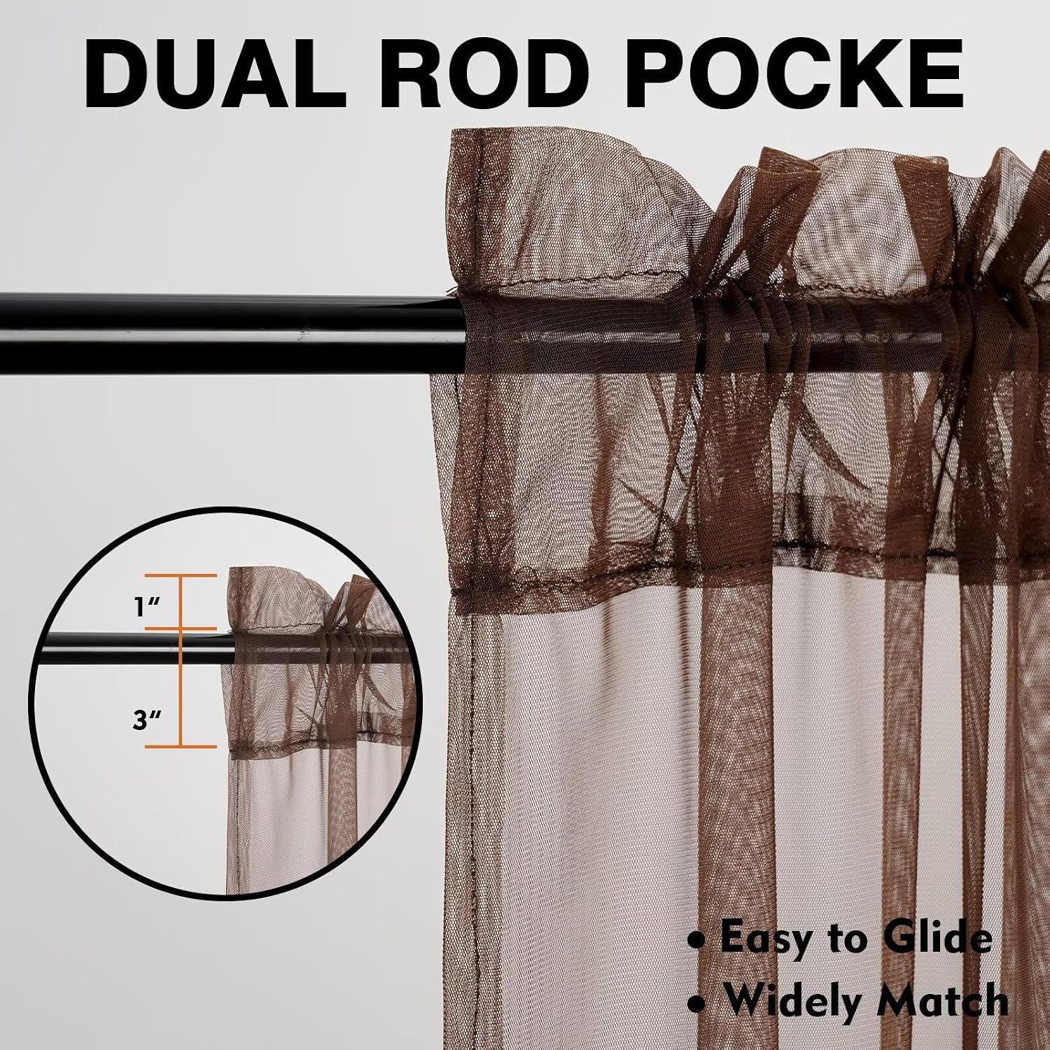 Thumbnail 3 de Zdada Mocha Slot Top Voile Curtains, 72 Drop – 2 Panels (W60xL72 Inch) for Windows