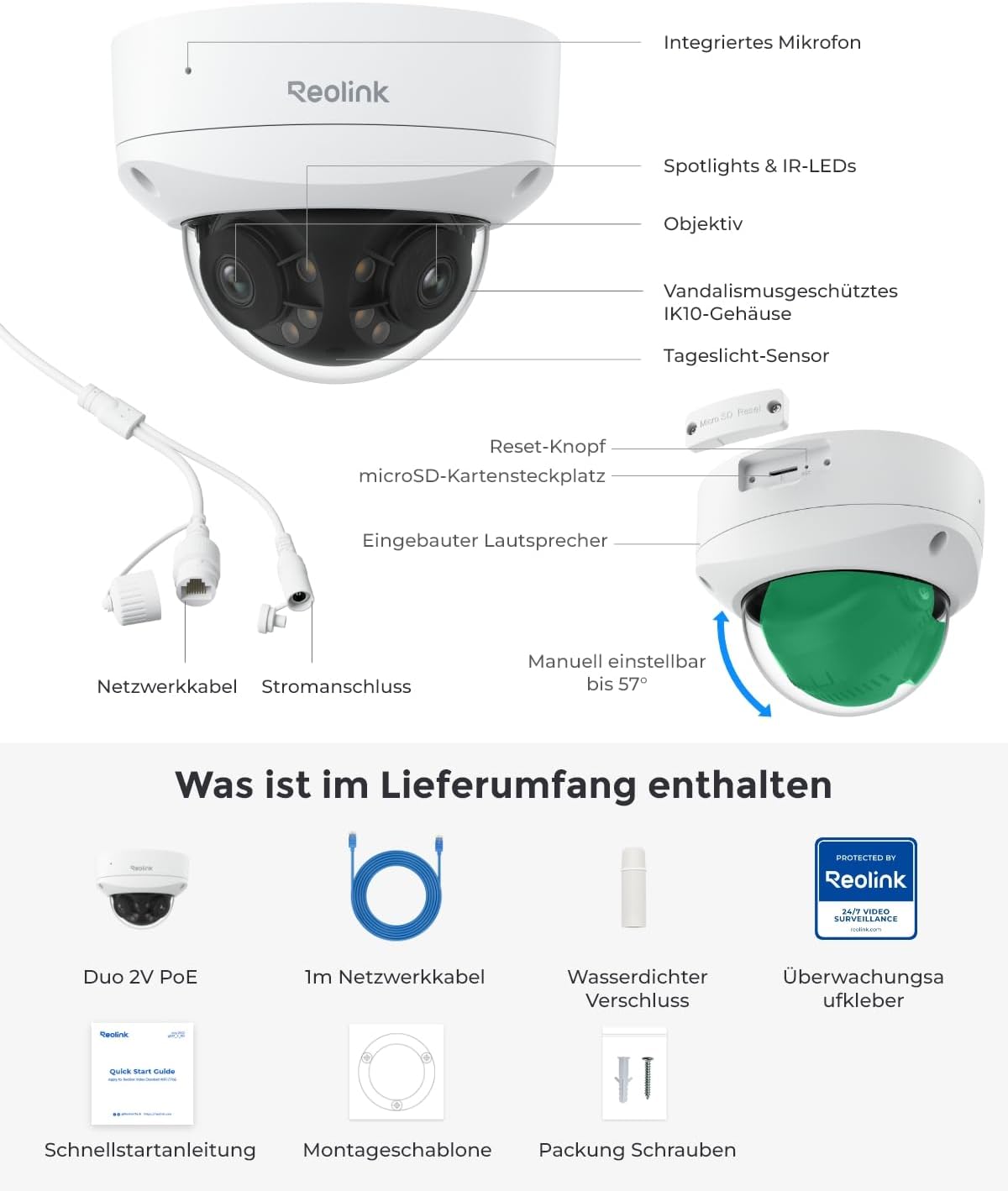 Thumbnail 6 de Reolink Duo 2V PoE 4K 8MP IP-Kamera mit Dual-Objektiv (180°) und IK10-Vandalismusschutz