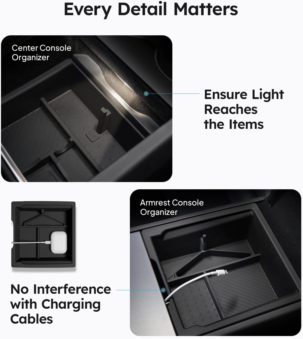 Thumbnail 4 de Wigoo Centre Console Organizer for Tesla Model Y Juniper & Model 3 Highland (2024-2026) – Double-Layer, 4pcs, Black