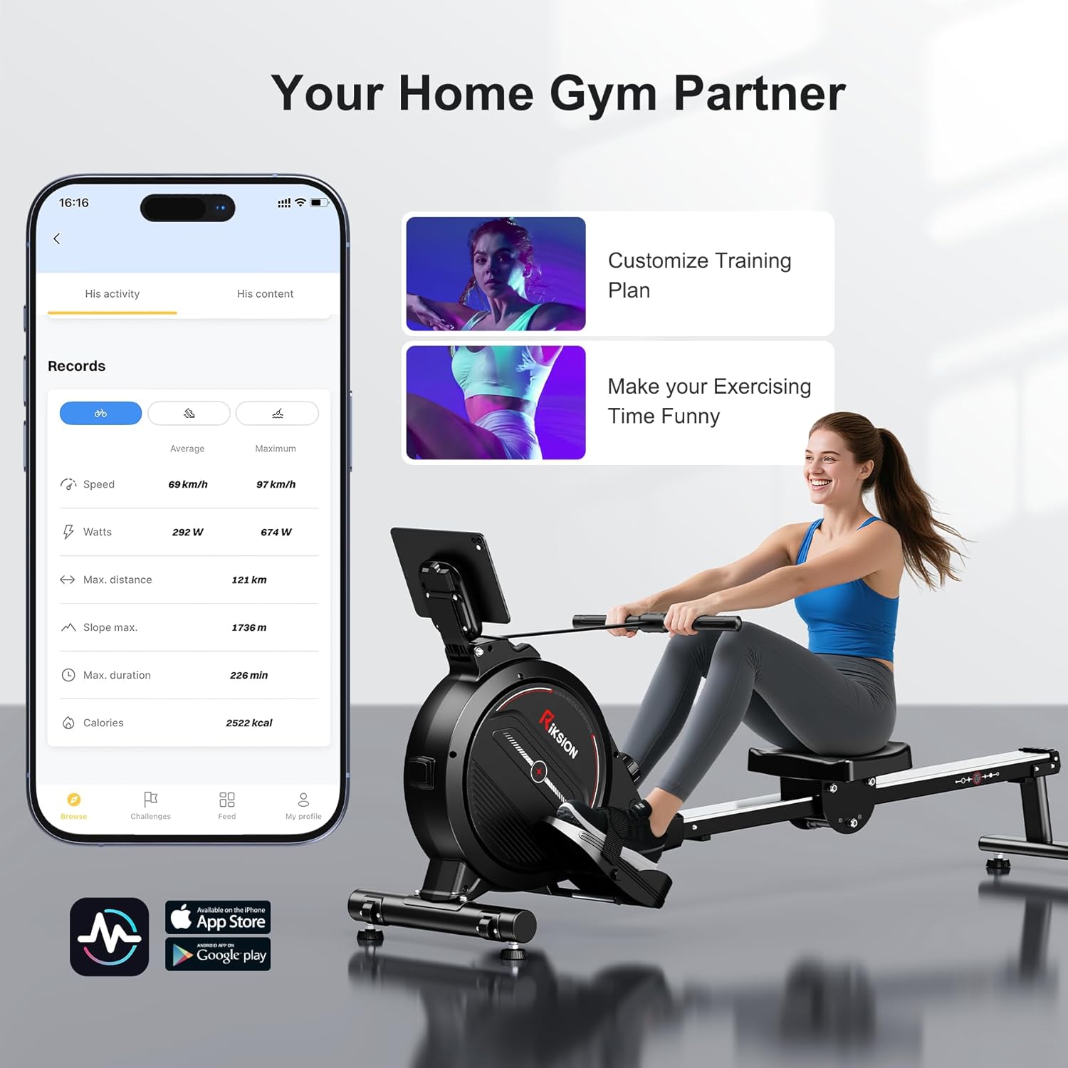 Thumbnail 6 de RIKSION Magnetic Foldable Rowing Machine (LCD Monitor, 350LB Capacity) with KINOMAP compatibility