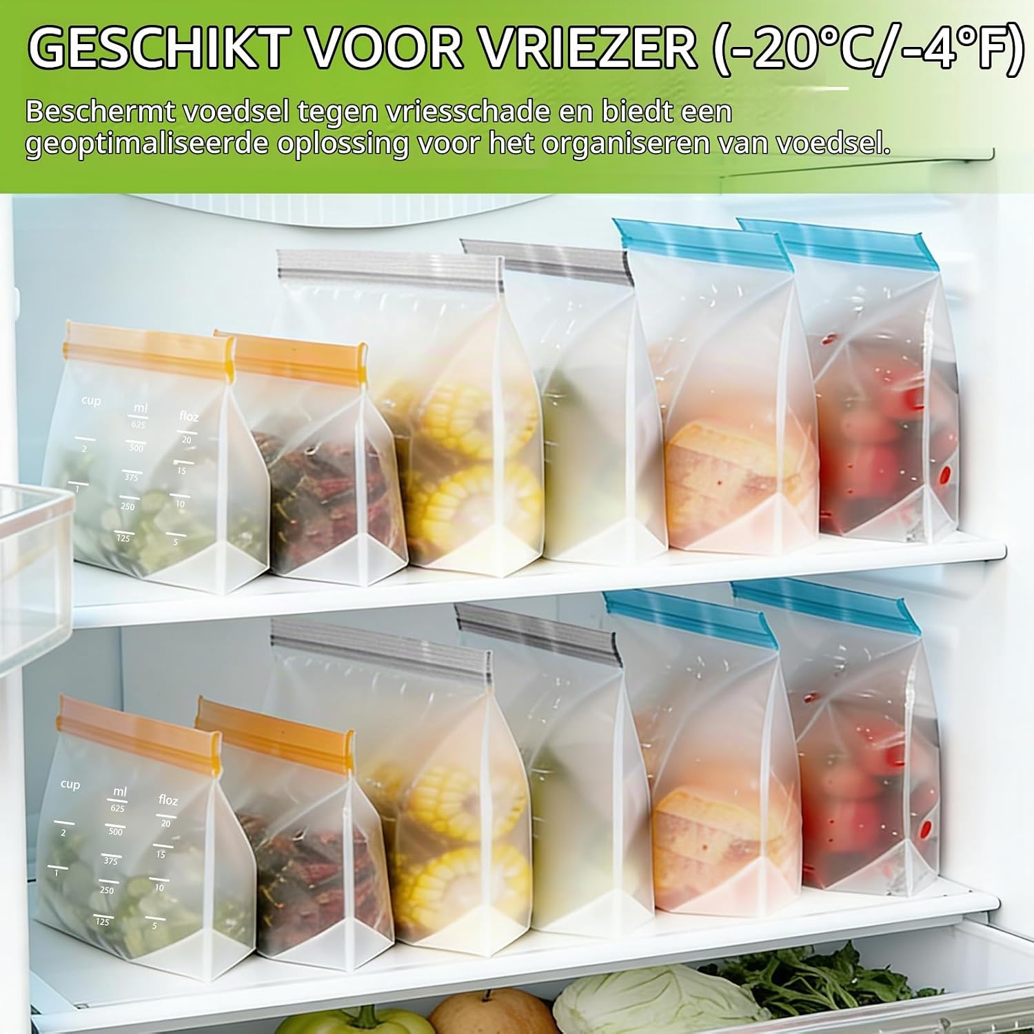 Detalle de Connextion herbruikbare diepvrieszakjes, 24 stuks in 3 formaten met staande bodem