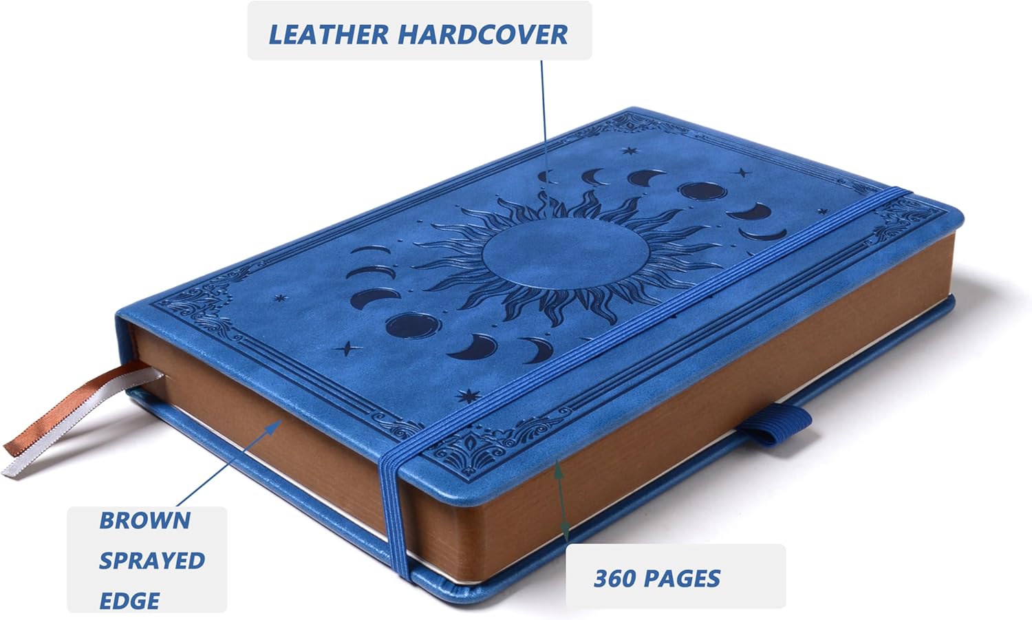 Detalle de HwxBen A5 360-page leather-look journal notebook with vintage sun & moon design (blue)