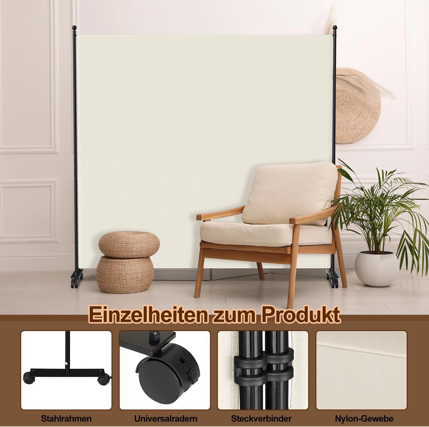 Thumbnail 2 de Vigevee Paravent: divisorio pieghevole indipendente, 187 x 181 cm, beige – mobilità e flessibilità per uffici, balconi e living