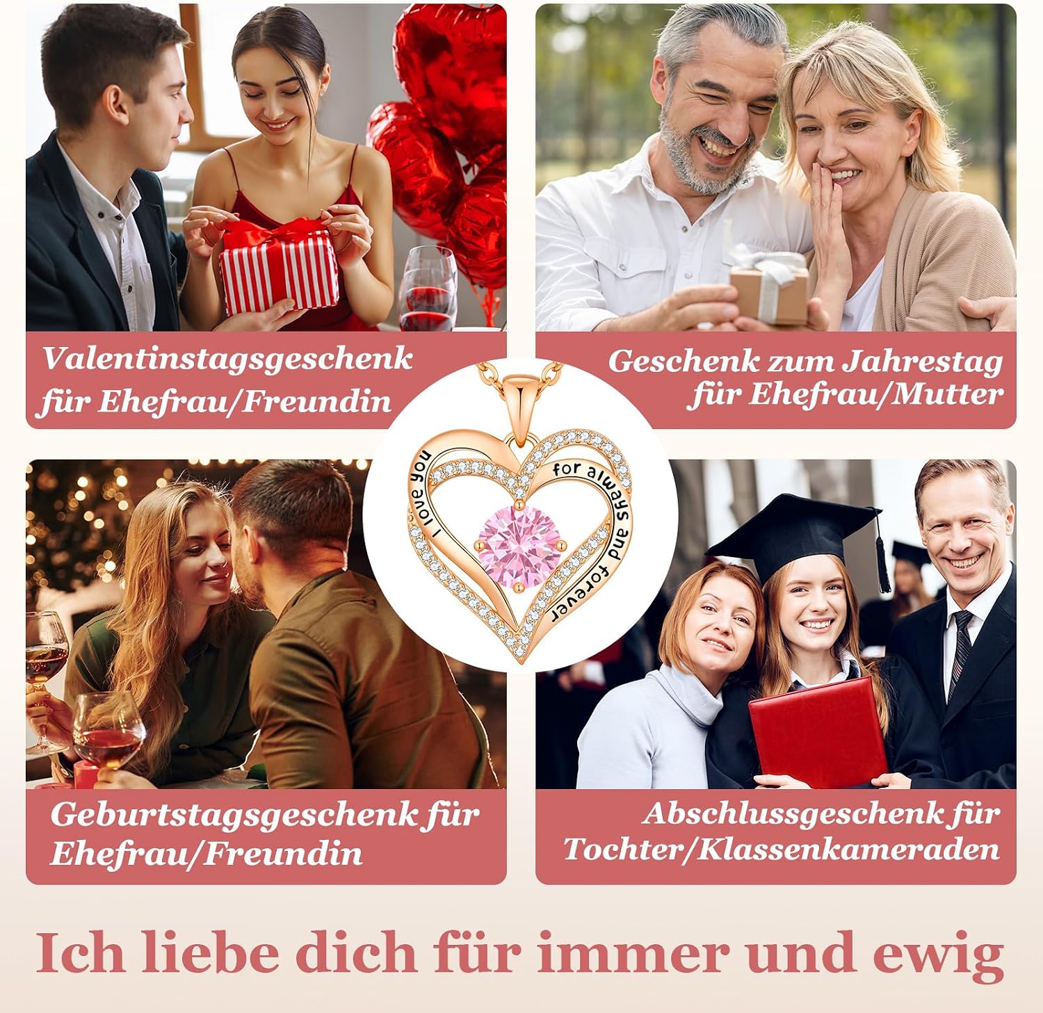 Detalle de CDE Damen Herz Anhänger Halskette mit doppeltem Herz & Zirkonia – 925 Silber oder Messing, Geburtstagsgeschenk