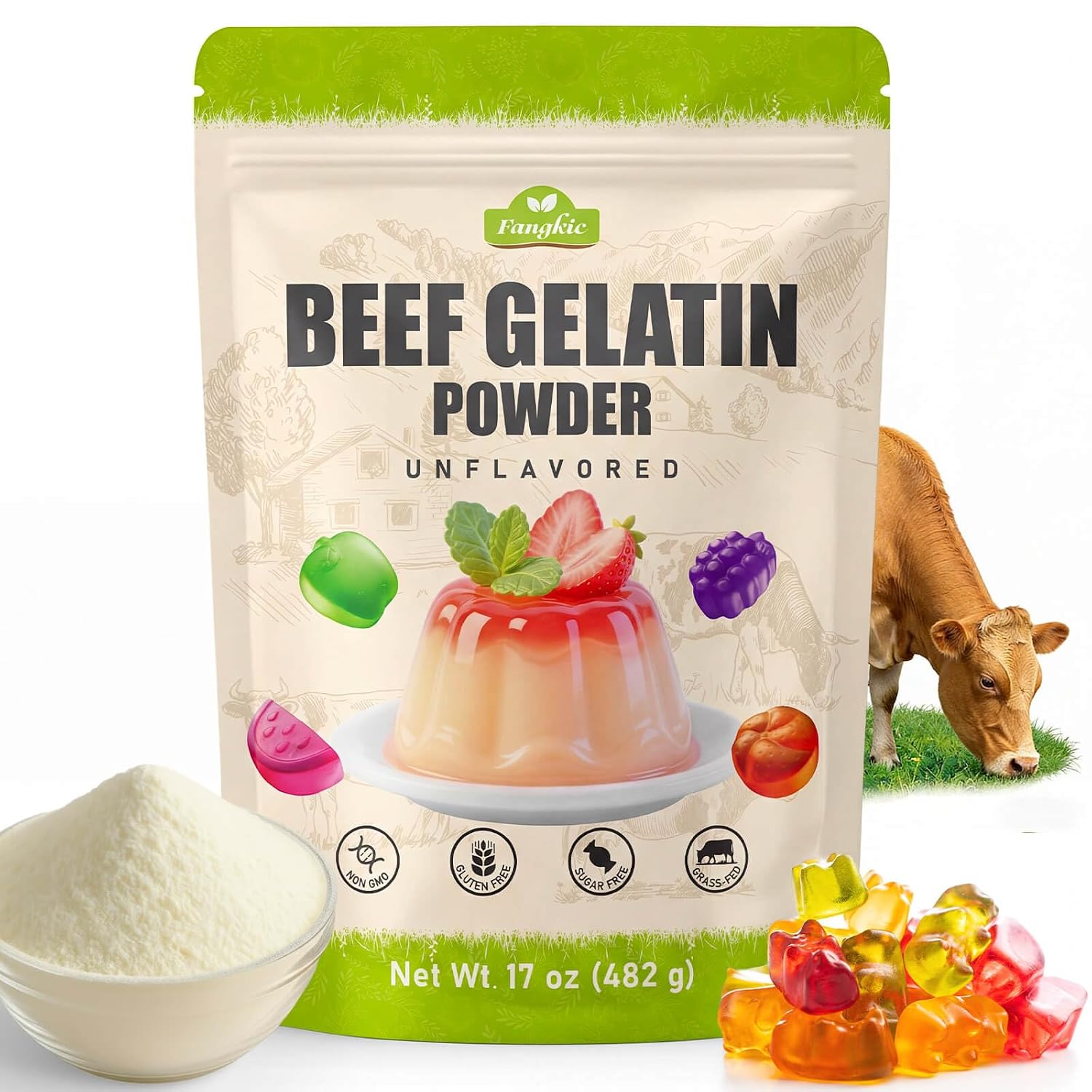 Detalle de Fangkic Unflavored Beef Gelatin Powder, 17 oz, Grass-Fed