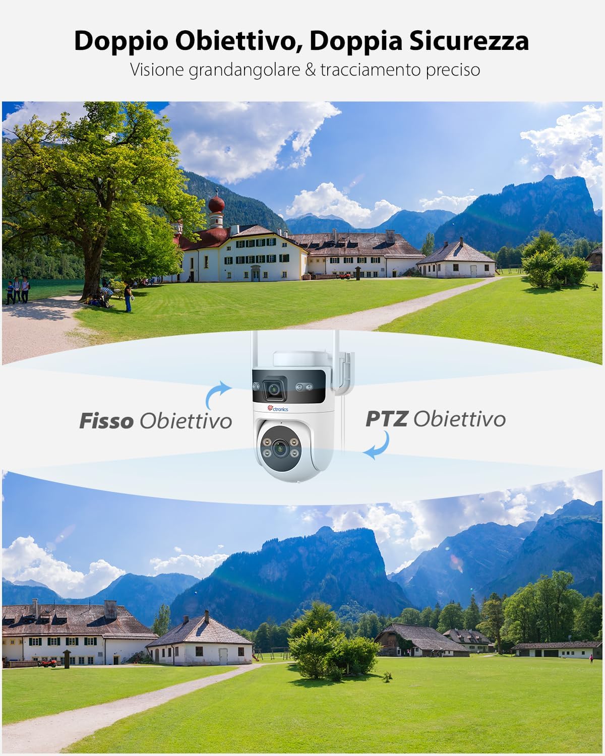 Thumbnail 1 de Ctronics PoE Telecamera Wi-Fi Esterno Doppio Obiettivo: Sorveglianza 360° con Tracciamento AI