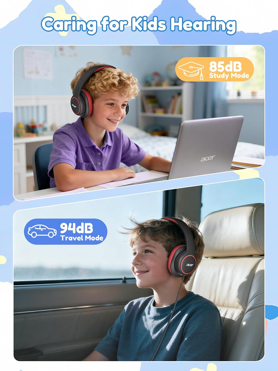 Detalle de Acer Kids Headphones Wired for School (OHW328) – Over-Ear, Safe Volume, 3.5mm, Foldable