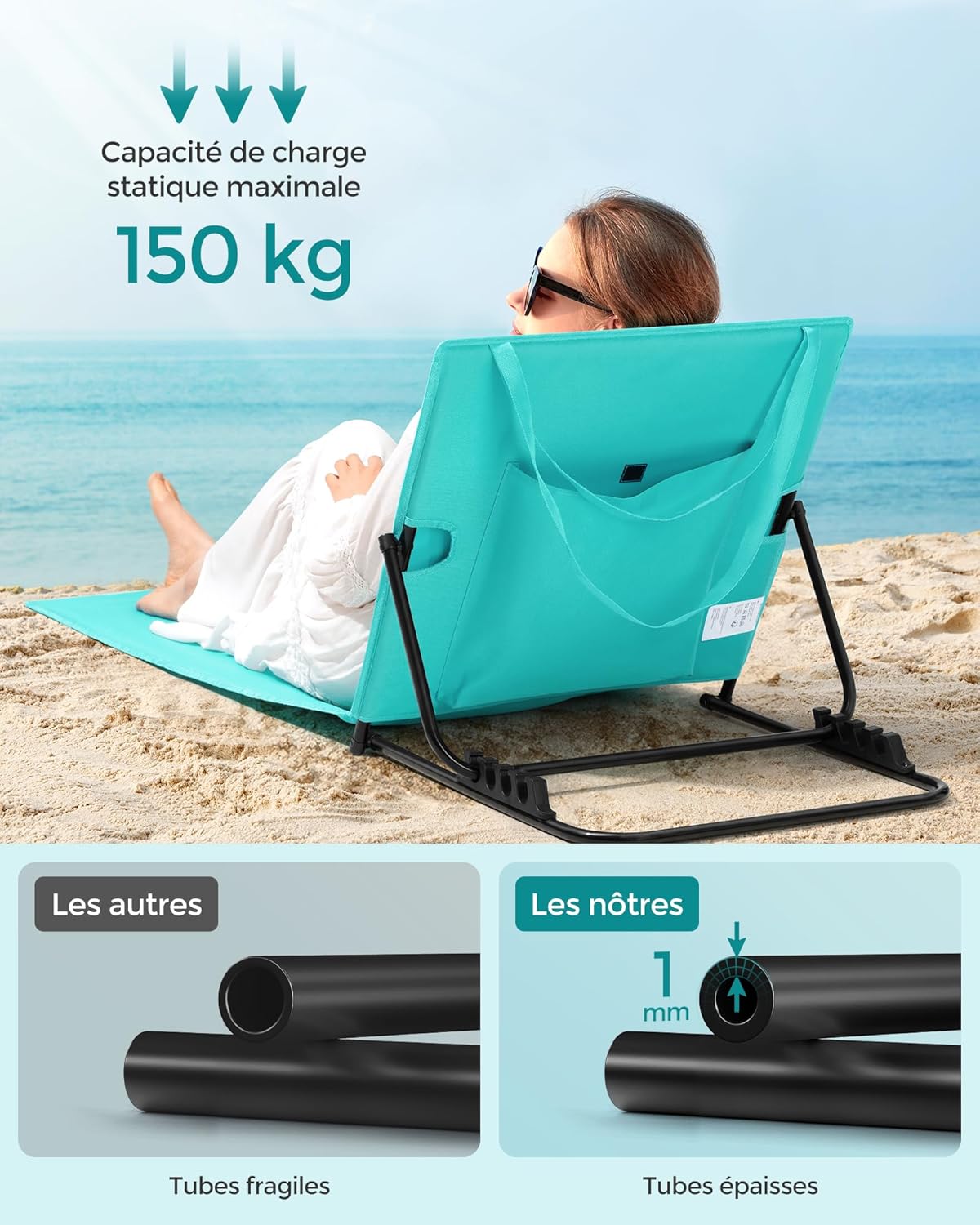 Detalle de SONGMICS Chaises longues de plage GCB251C01 (lot de 2), transats pliants avec appui-tête et dossier inclinable