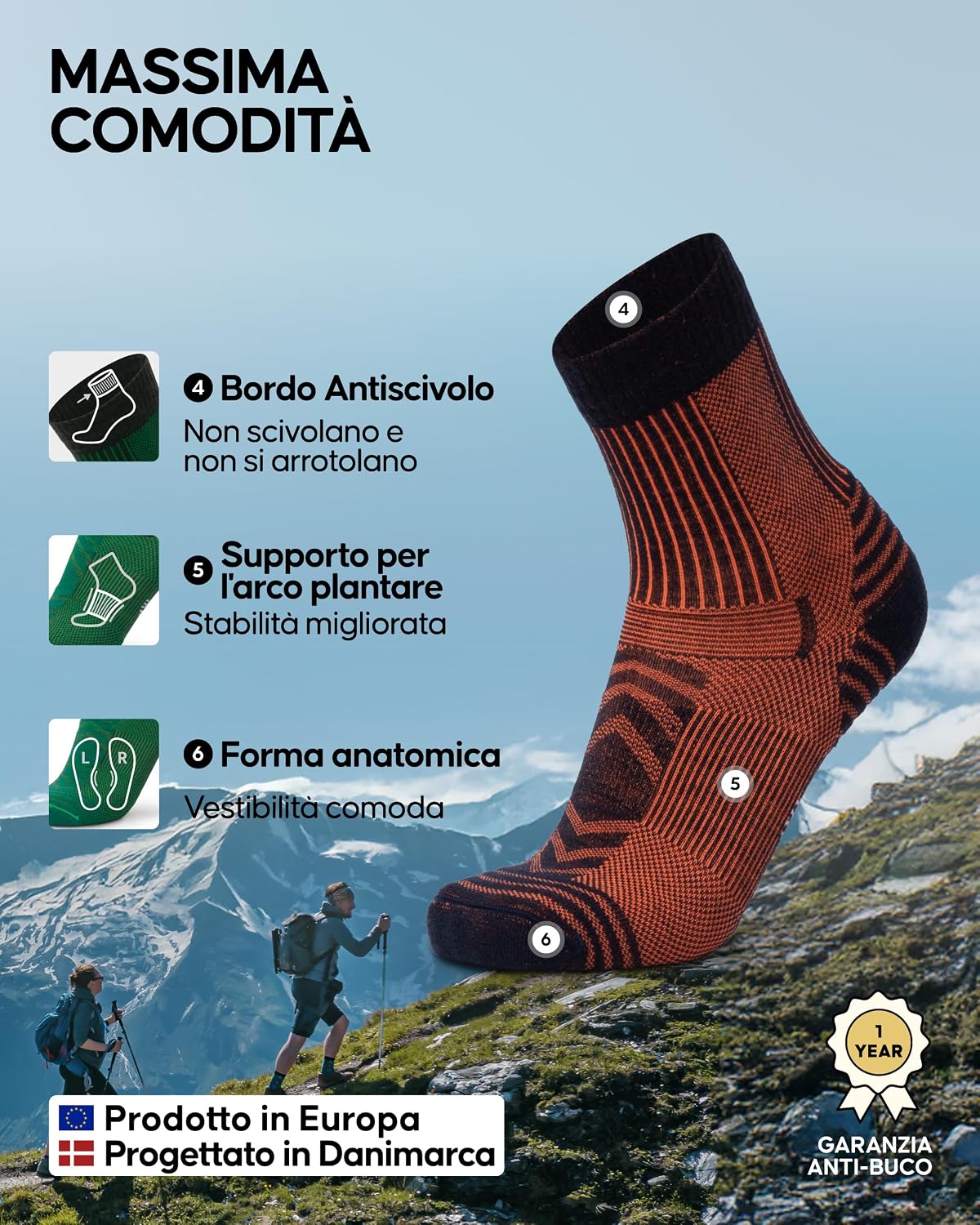 Detalle de DANISH ENDURANCE Calze Trekking Leggere in Lana Merino – traspiranti, antibatteriche e anti-vesciche (1 o 5 paia)