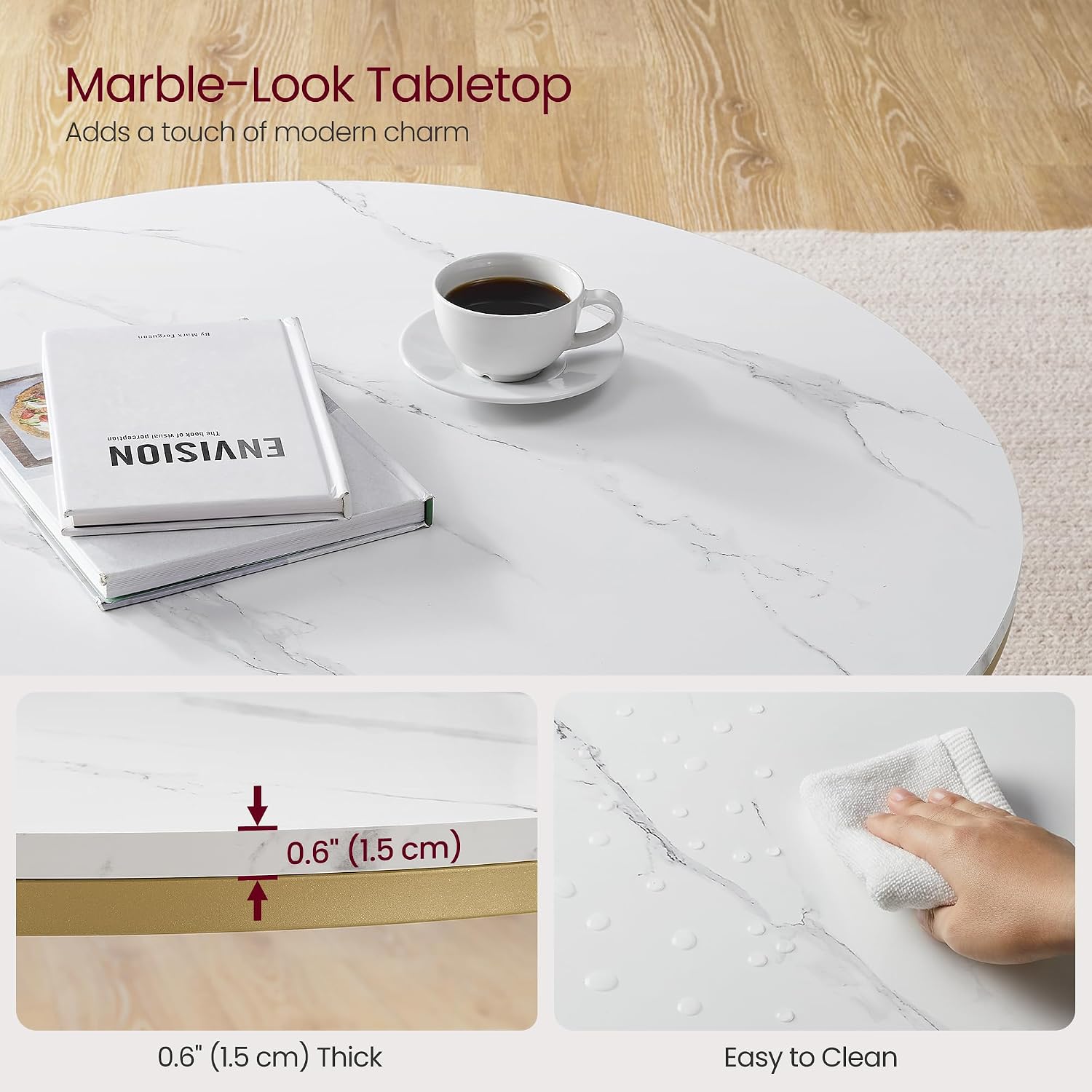 Detalle 1 de VASAGLE BARIS LCT071W59 Round Coffee Table with Faux-Marble Top and Glass Shelf