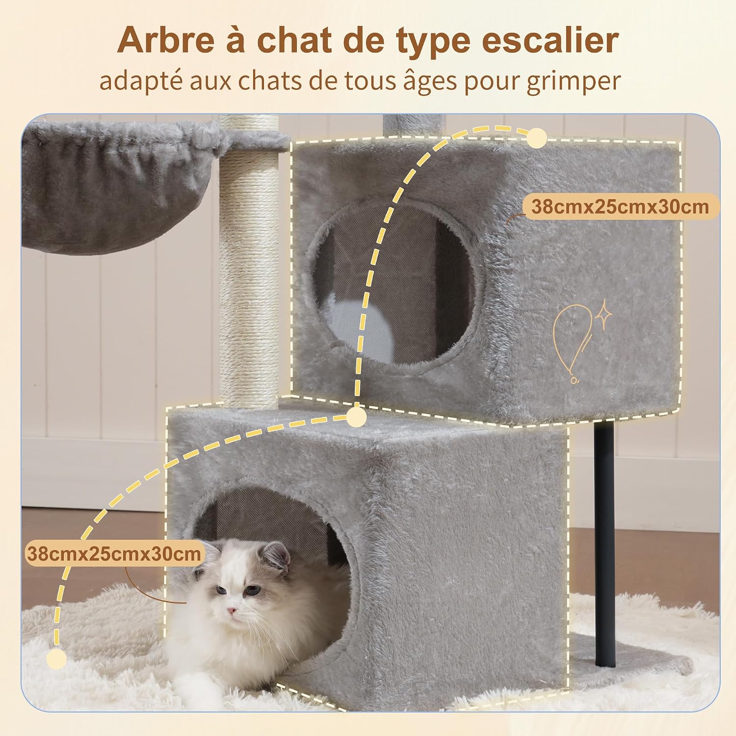 Detalle de Heybly Arbre à Chat, 92 cm – Escalier avec 2 Niches, Gaine SISAL et Plateforme supérieure, Gris Clair (HCT201SW)