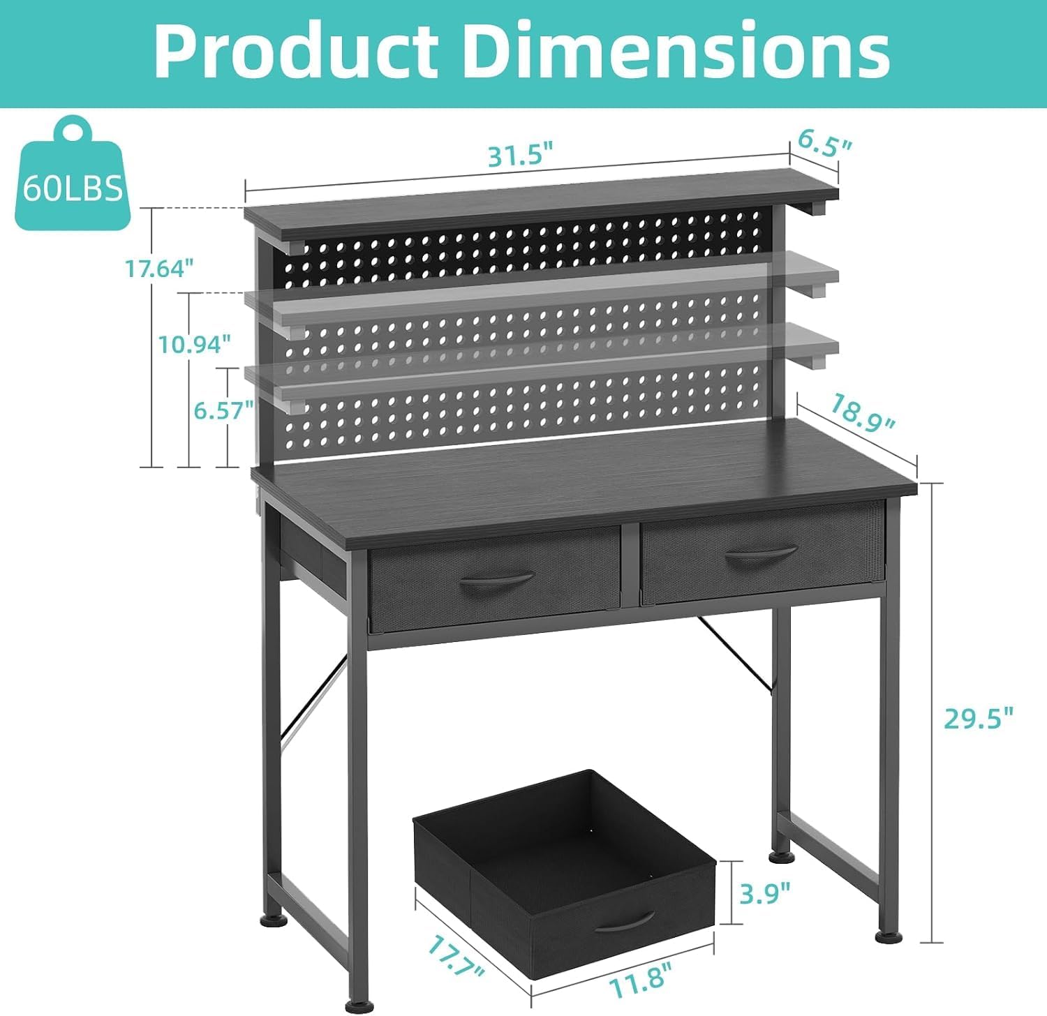 Detalle 2 de Flrrtenv 31-Inch Gaming Desk with Pegboard, Adjustable LED and 2 Drawers