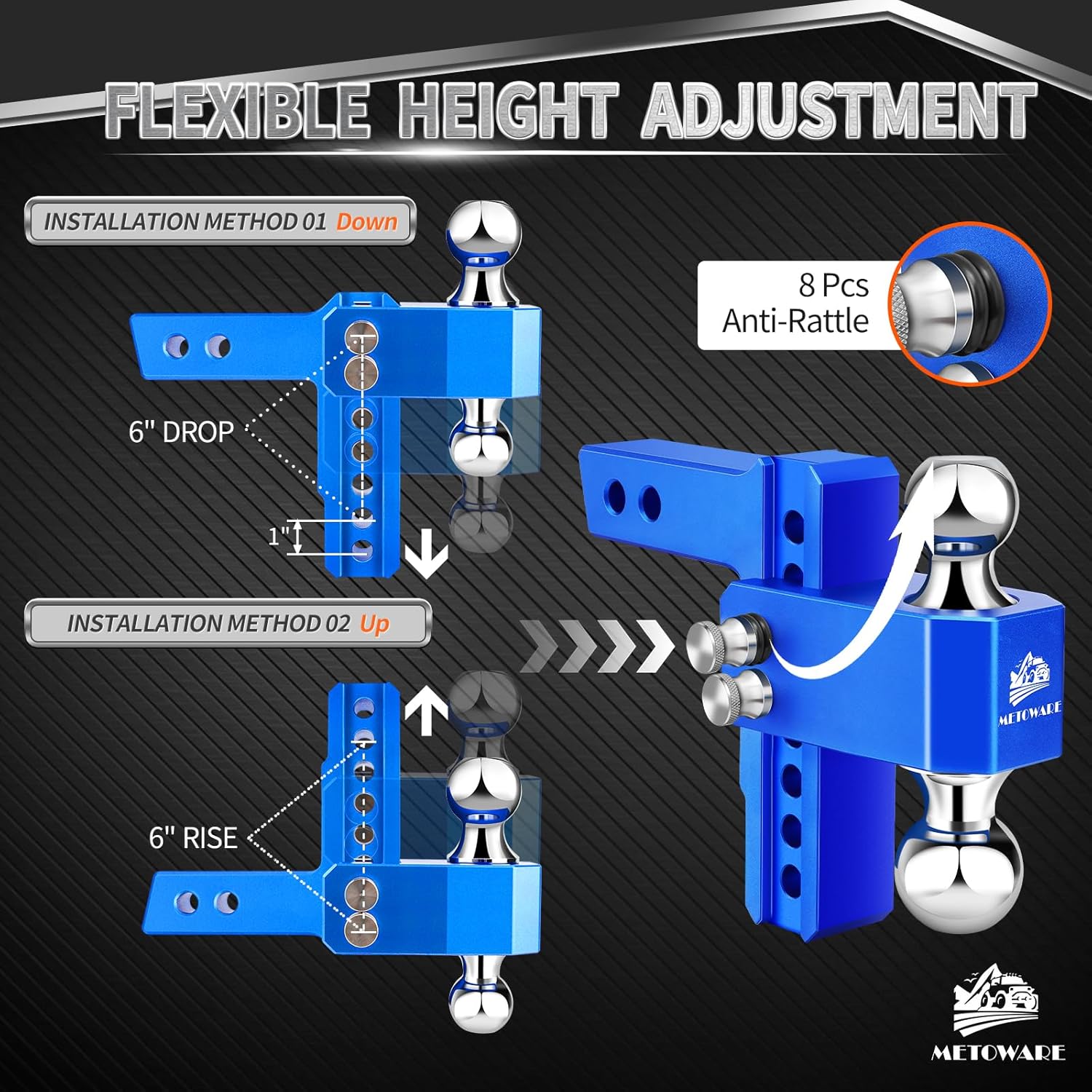 Detalle de METOWARE Adjustable Trailer Hitch (Aluminum) for 2-Inch Receiver, 6-Inch Drop/Rise, Dual Ball, 14,000 lbs GTW