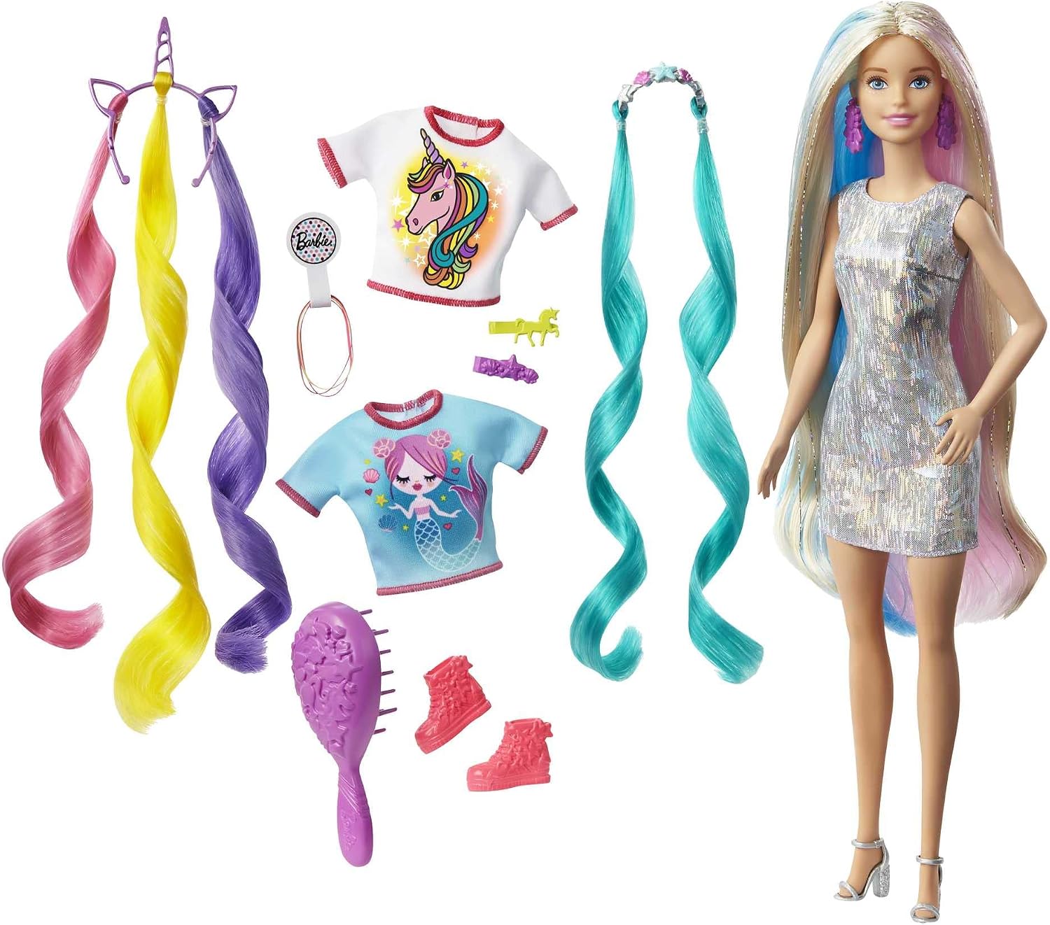 Thumbnail 6 de Barbie – Fun & Fancy Hair: bambola con lunghissimi capelli neri colorati e abito rosa lucente (3+ anni, 10 accessori)