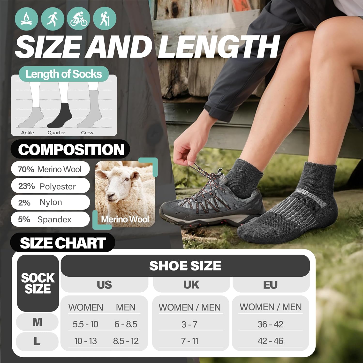 Thumbnail 4 de MOSEY KOSY Merino Kurz Viertellänge Wandersocken